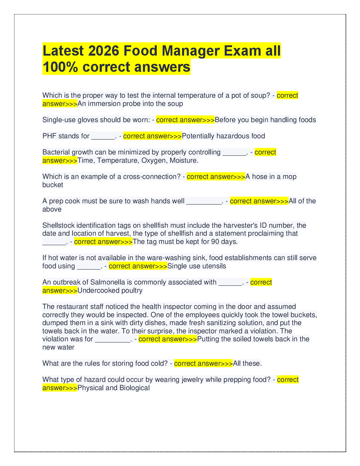 Preview of Latest 2026 Food Manager Exam all  100% correct answers