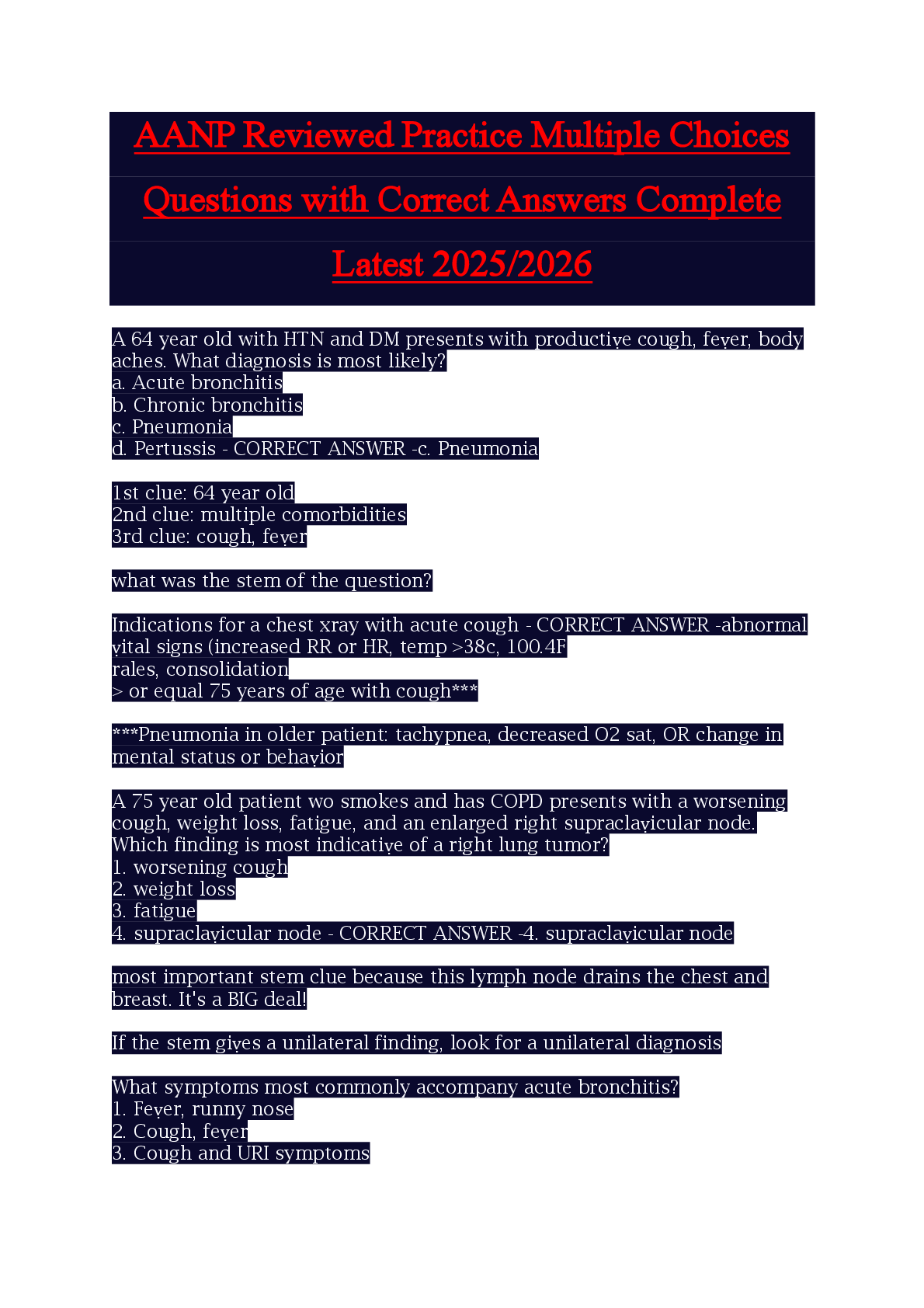 Recommended document preview for AANP Reviewed Practice Multiple Choices  Questions with Correct Answers Complete  Latest 2025/2026