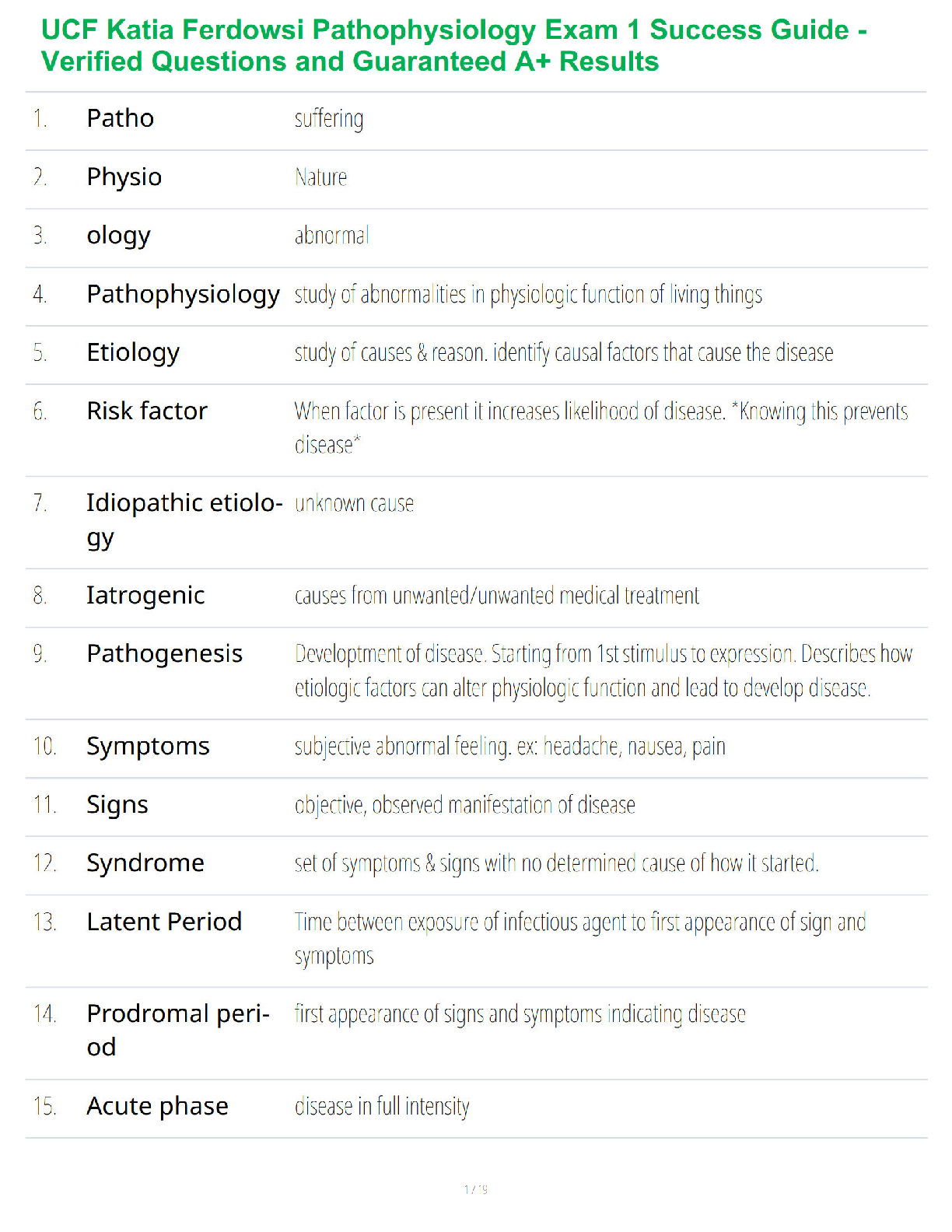UCF Katia Ferdowsi Pathophysiology Exam 1 Success Guide - Verified Questions and Guaranteed A+ Results