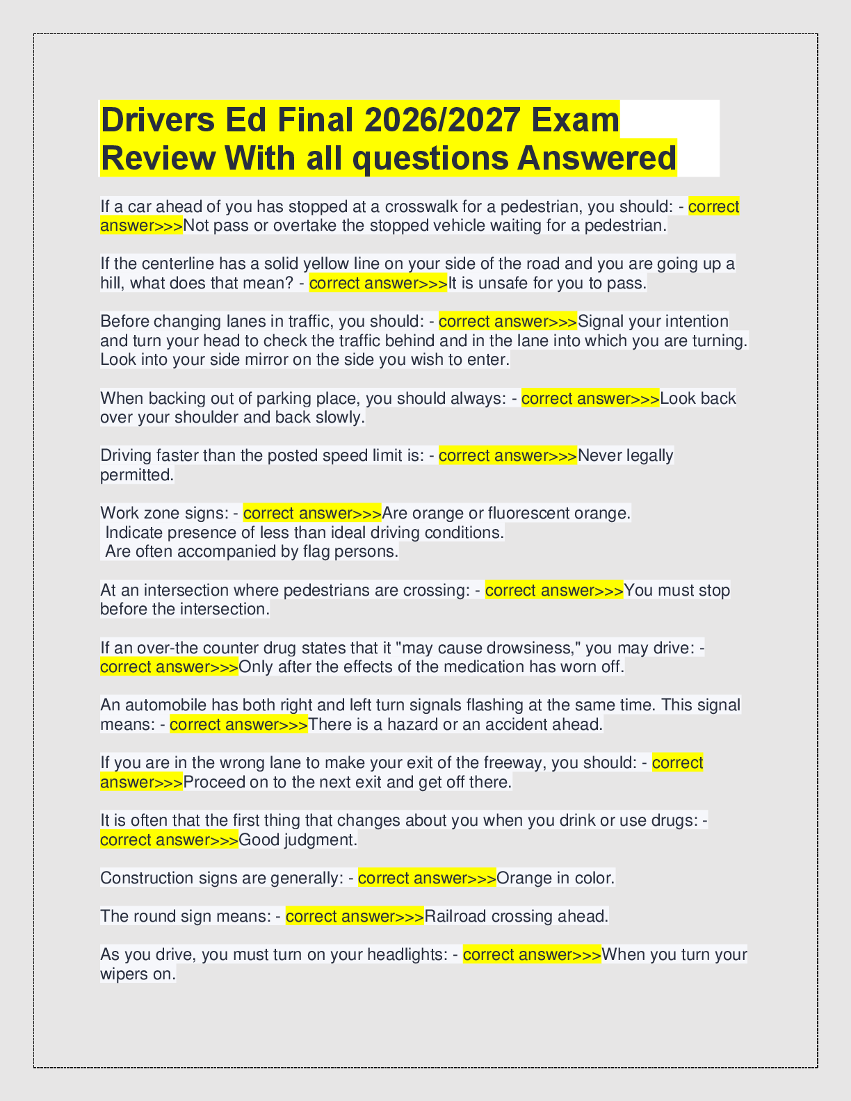 Preview of Drivers Ed Final 2026/2027 Exam  Review With all questions Answered