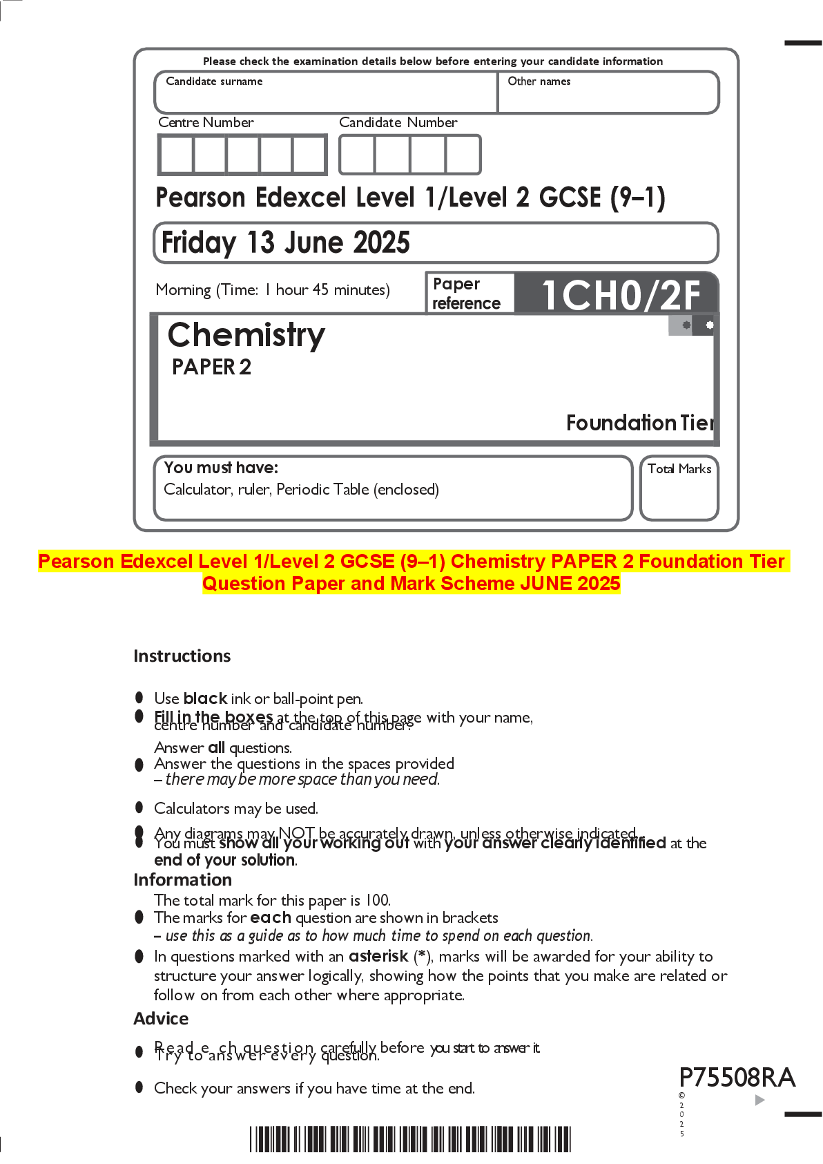 Preview of Pearson Edexcel Level 1/Level 2 GCSE (9–1) Chemistry PAPER 2 Foundation Tier  Question Pap