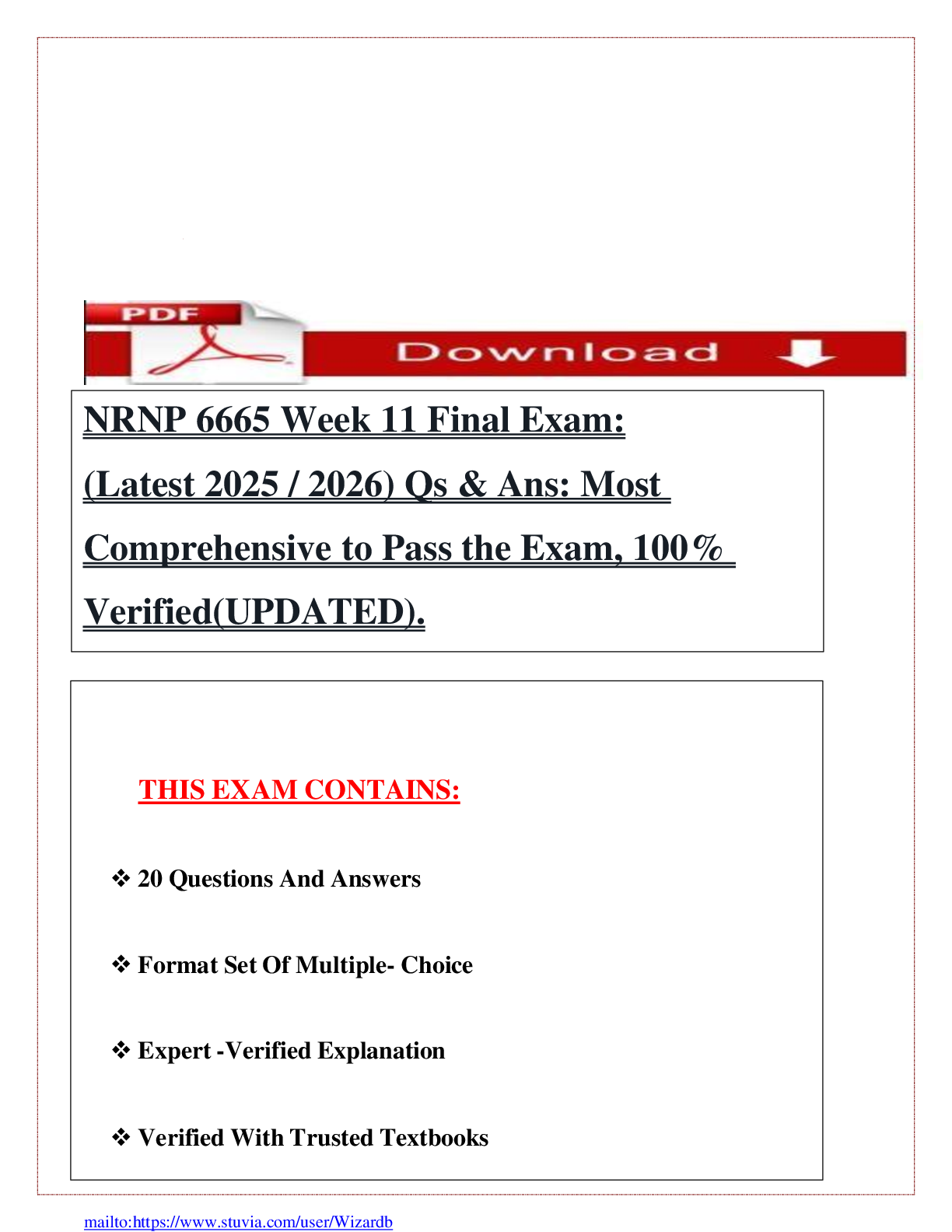 Recommended document preview for NRNP 6665 Week 11 Final Exam:  (Latest 2025 / 2026) Qs & Ans: Most   Comprehensive to Pass the Exam, 100%   Verified(UPDATED).