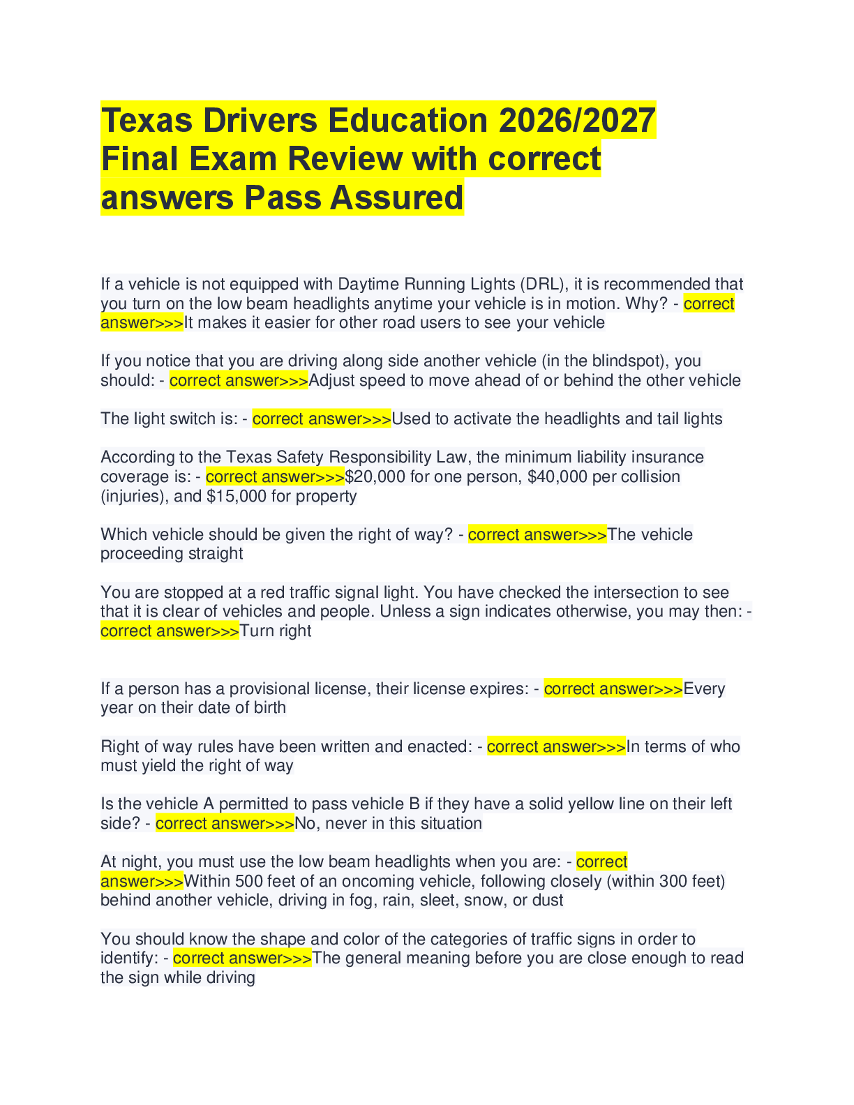 Preview image for Texas Drivers Education 2026/2027  Final Exam Review with correct  answers Pass Assured