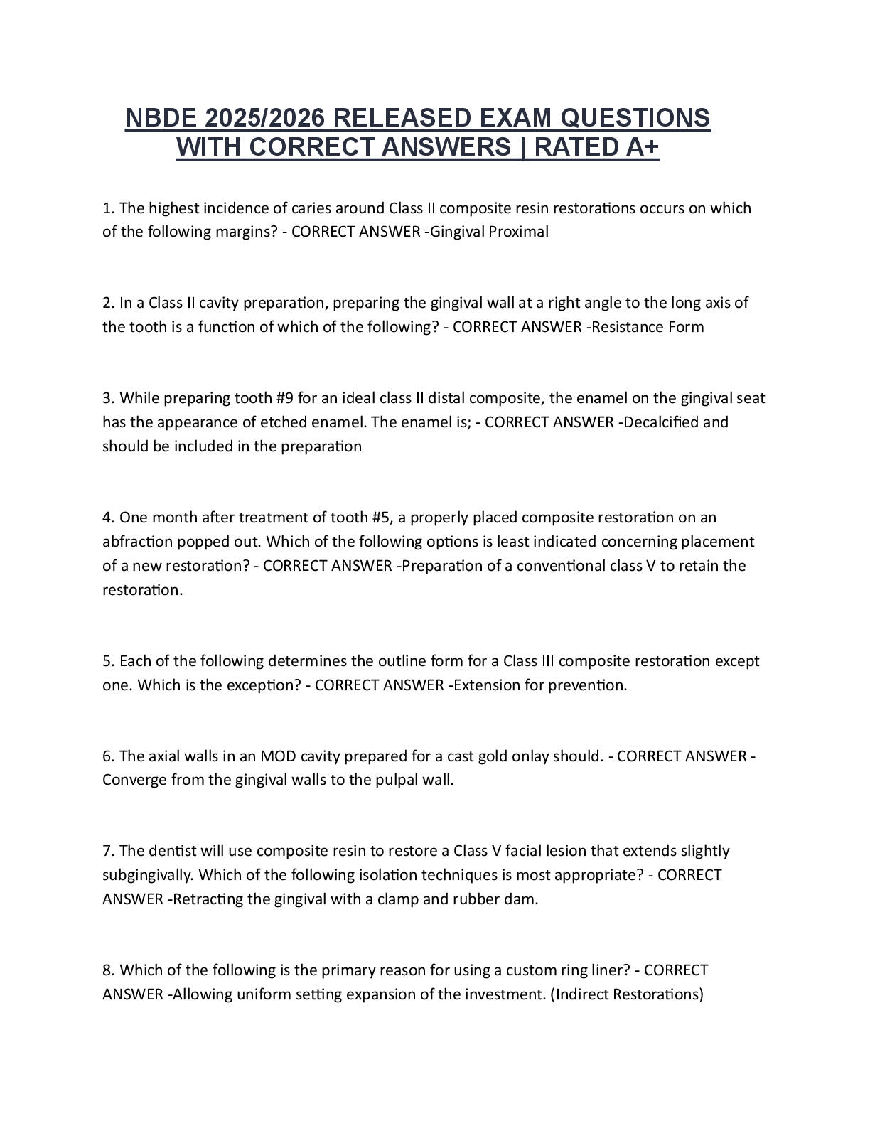 Recommended document preview for NBDE 2025/2026 RELEASED EXAM QUESTIONS  WITH CORRECT ANSWERS | RATED A+