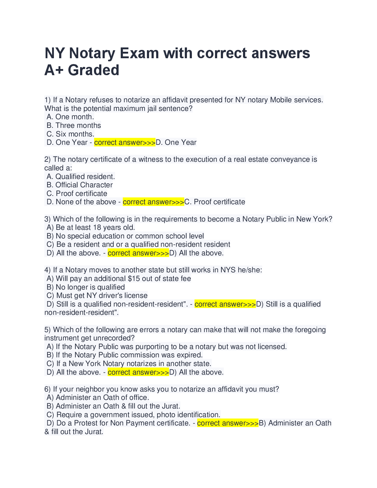 NY Notary Exam with correct answers  A+ Graded