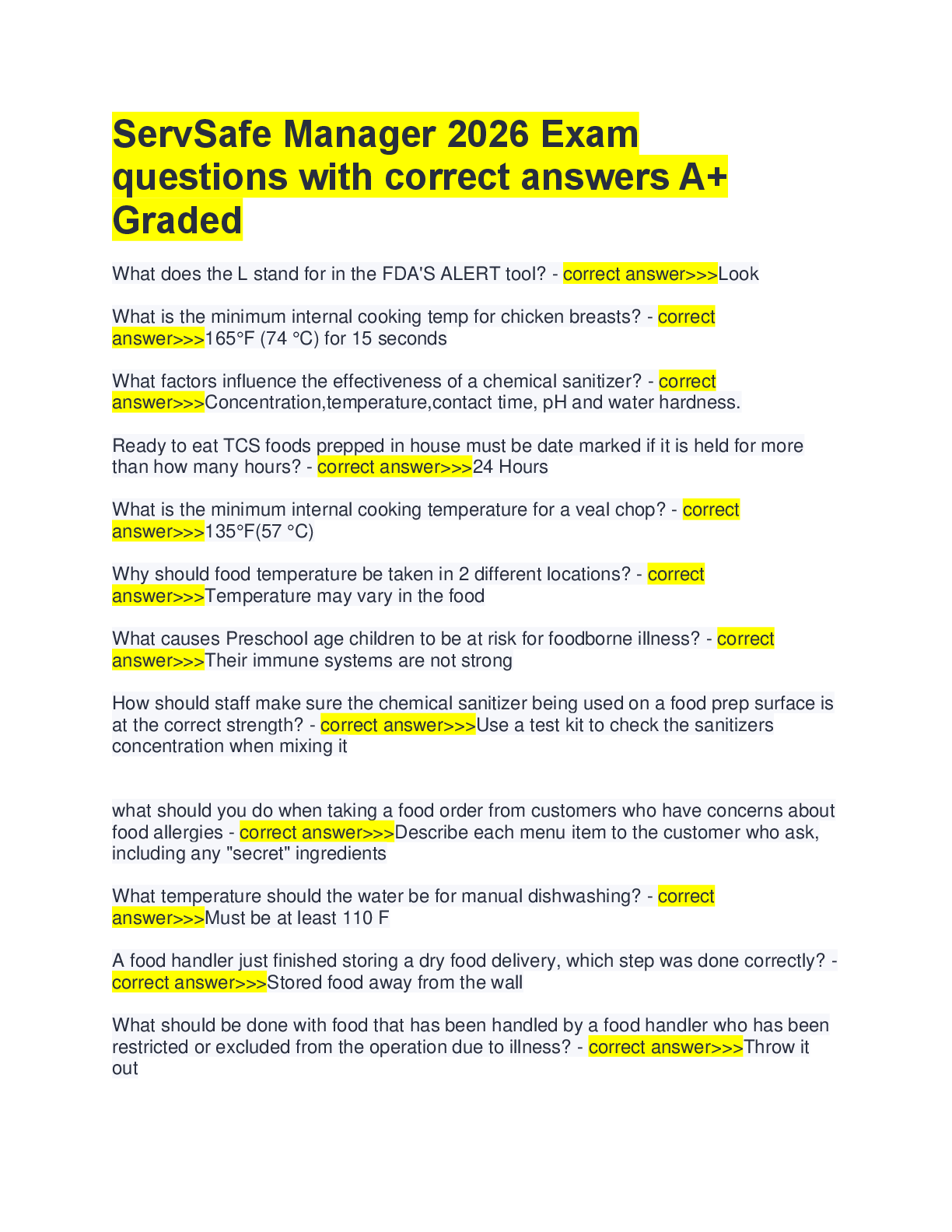 Preview image for ServSafe Manager 2026 Exam  questions with correct answers A+  Graded