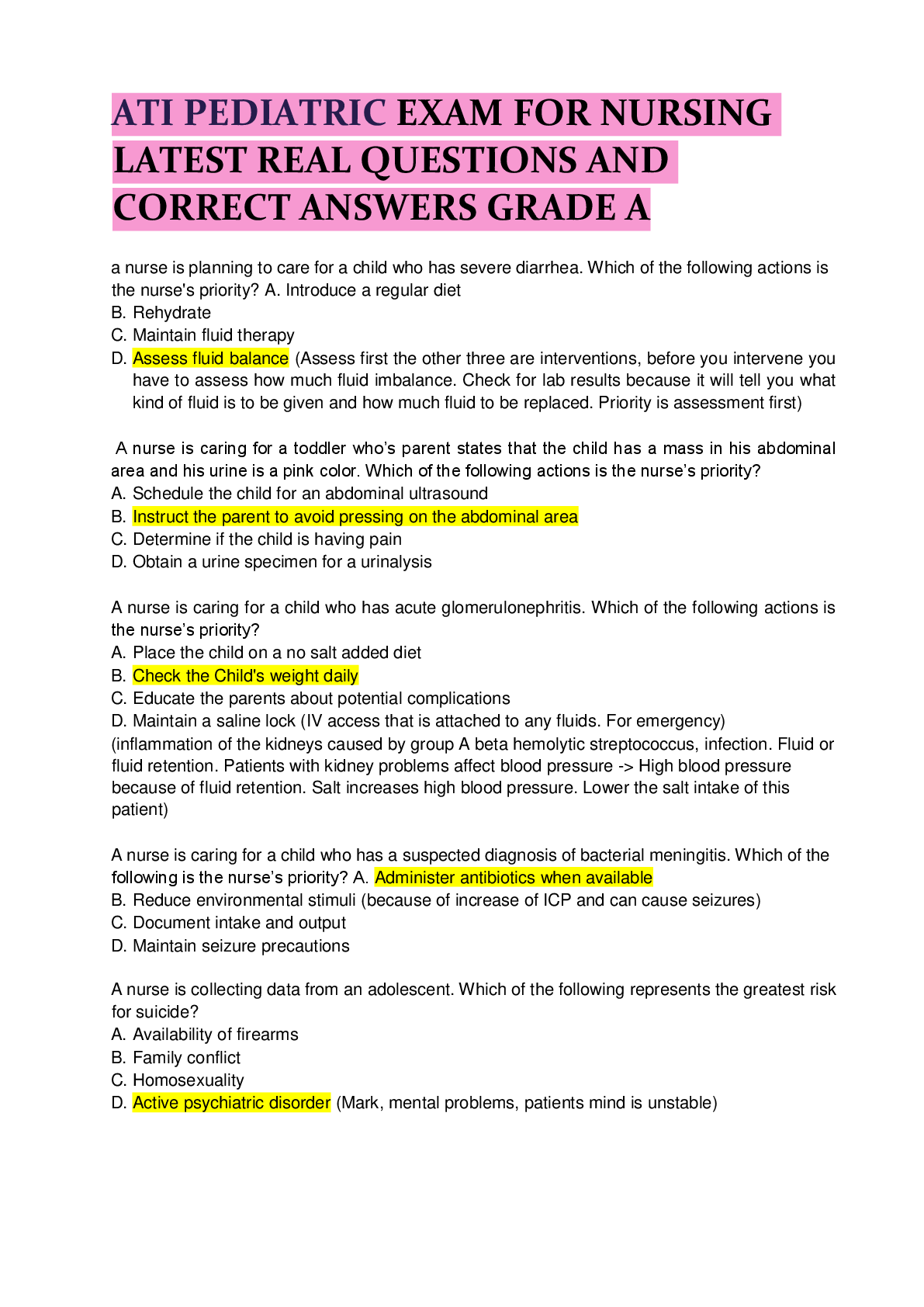 Recommended document preview for ATI PEDIATRIC EXAM FOR NURSING  LATEST REAL QUESTIONS AND  CORRECT ANSWERS GRADE A