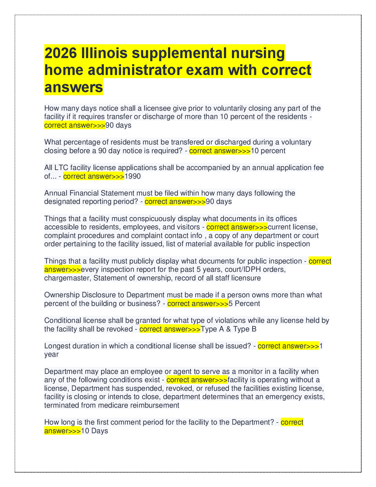 Preview of 2026 Illinois supplemental nursing  home administrator exam with correct  answers