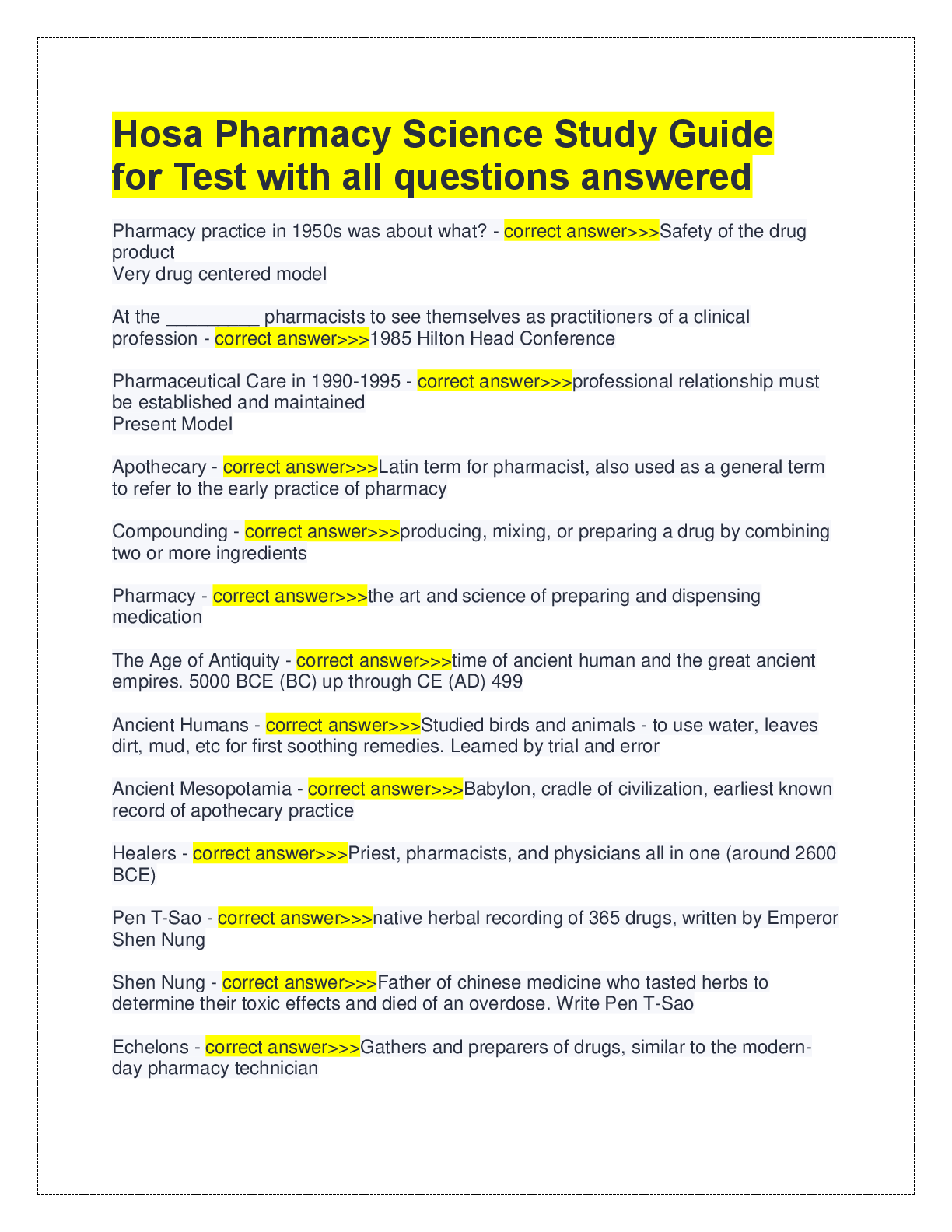 Recommended document preview for Hosa Pharmacy Science Study Guide  for Test with all questions answered
