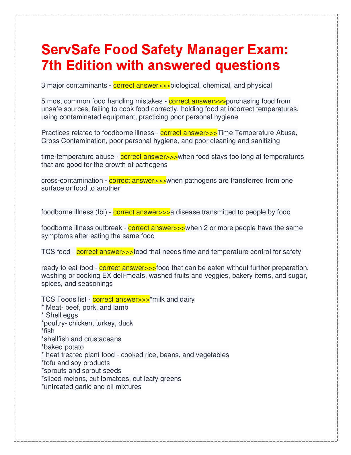 Preview image for ServSafe Food Safety Manager Exam:  7th Edition with answered questions