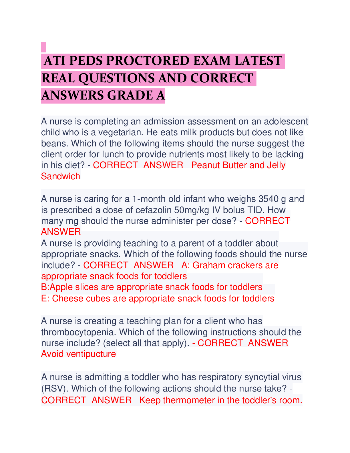 Preview of ATI PEDS PROCTORED EXAM LATEST  REAL QUESTIONS AND CORRECT  ANSWERS GRADE A