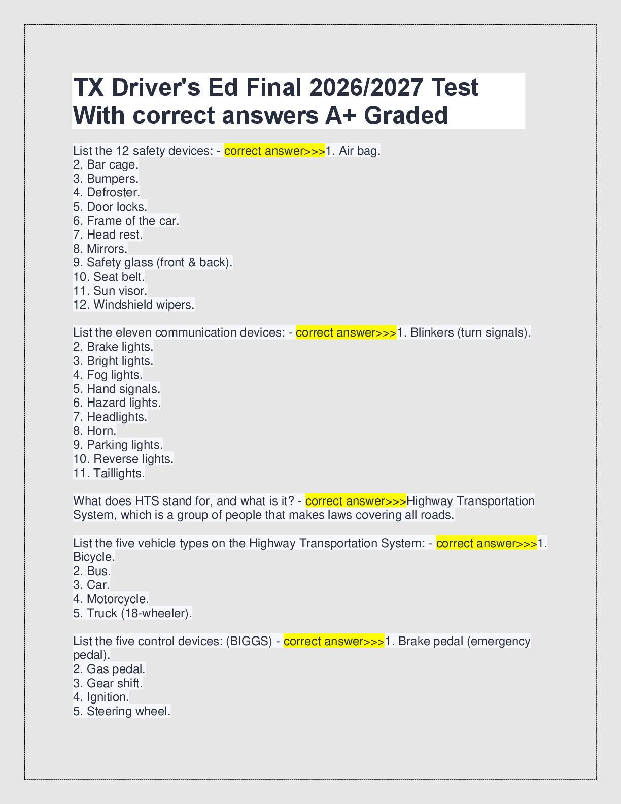 Preview image for TX Driver's Ed Final 2026/2027 Test  With correct answers A+ Graded