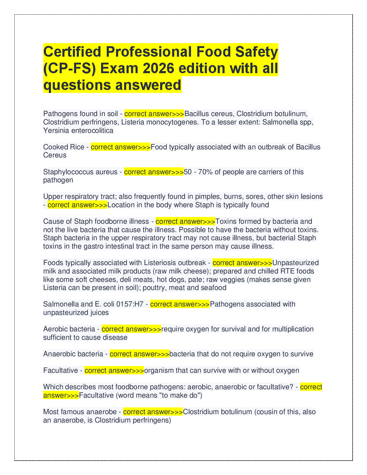 Preview of Certified Professional Food Safety  (CP-FS) Exam 2026 edition with all  questions answered