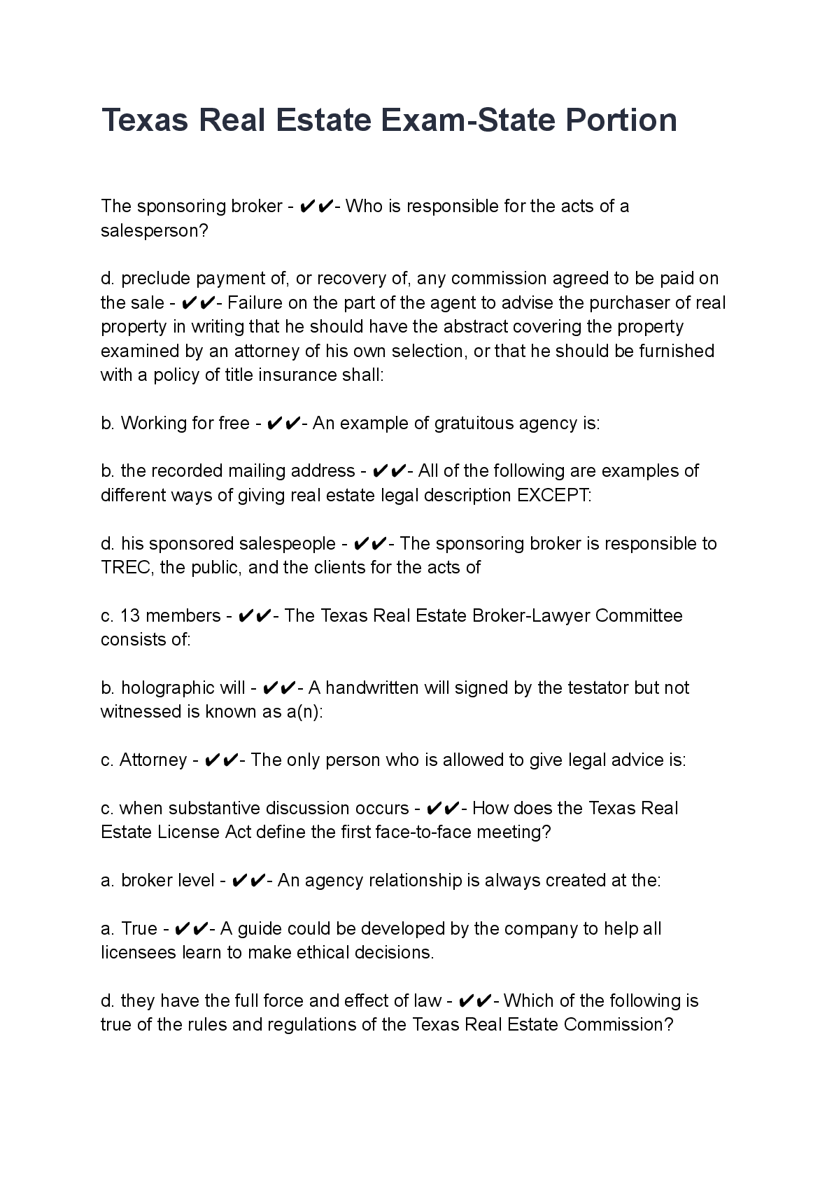Recommended document preview for Texas Real Estate Exam-State Portion