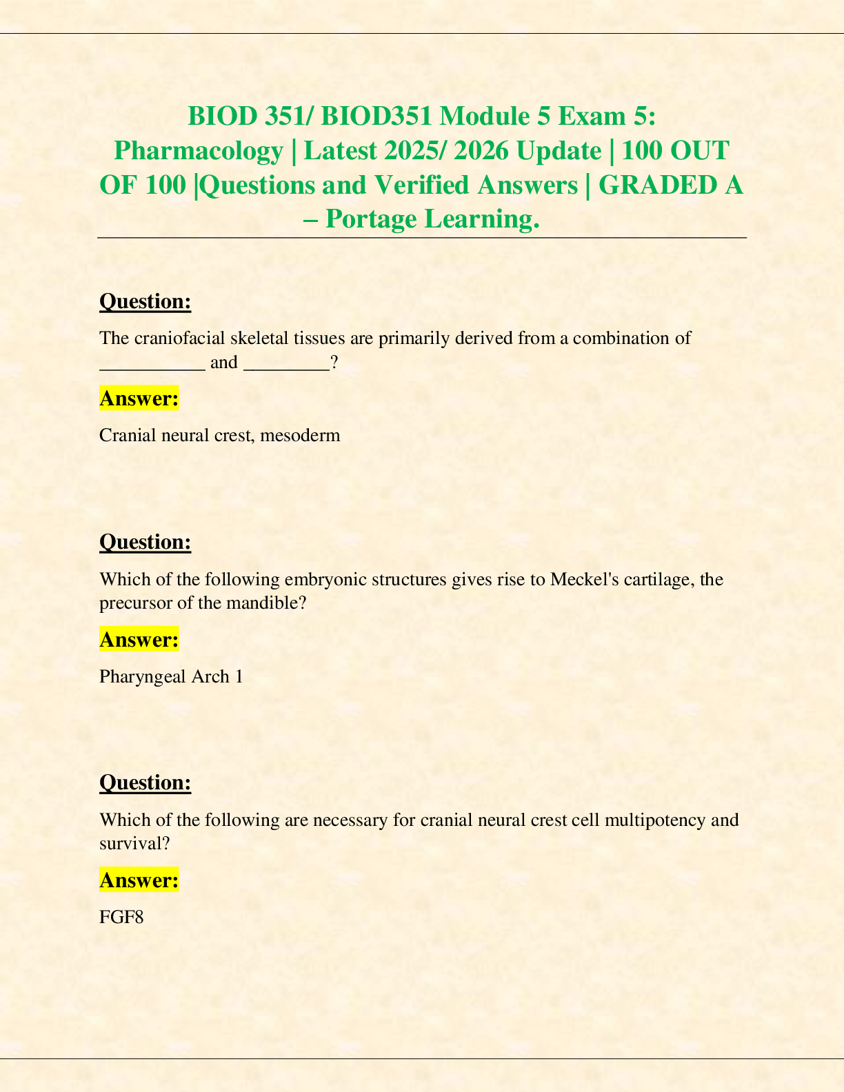 Recommended document preview for BIOD 351/ BIOD351 Module 5 Exam 5:  Pharmacology | Latest 2025/ 2026 Update | 100 OUT  OF 100 |Questions and Verified Answers | GRADED A – Portage Learning.