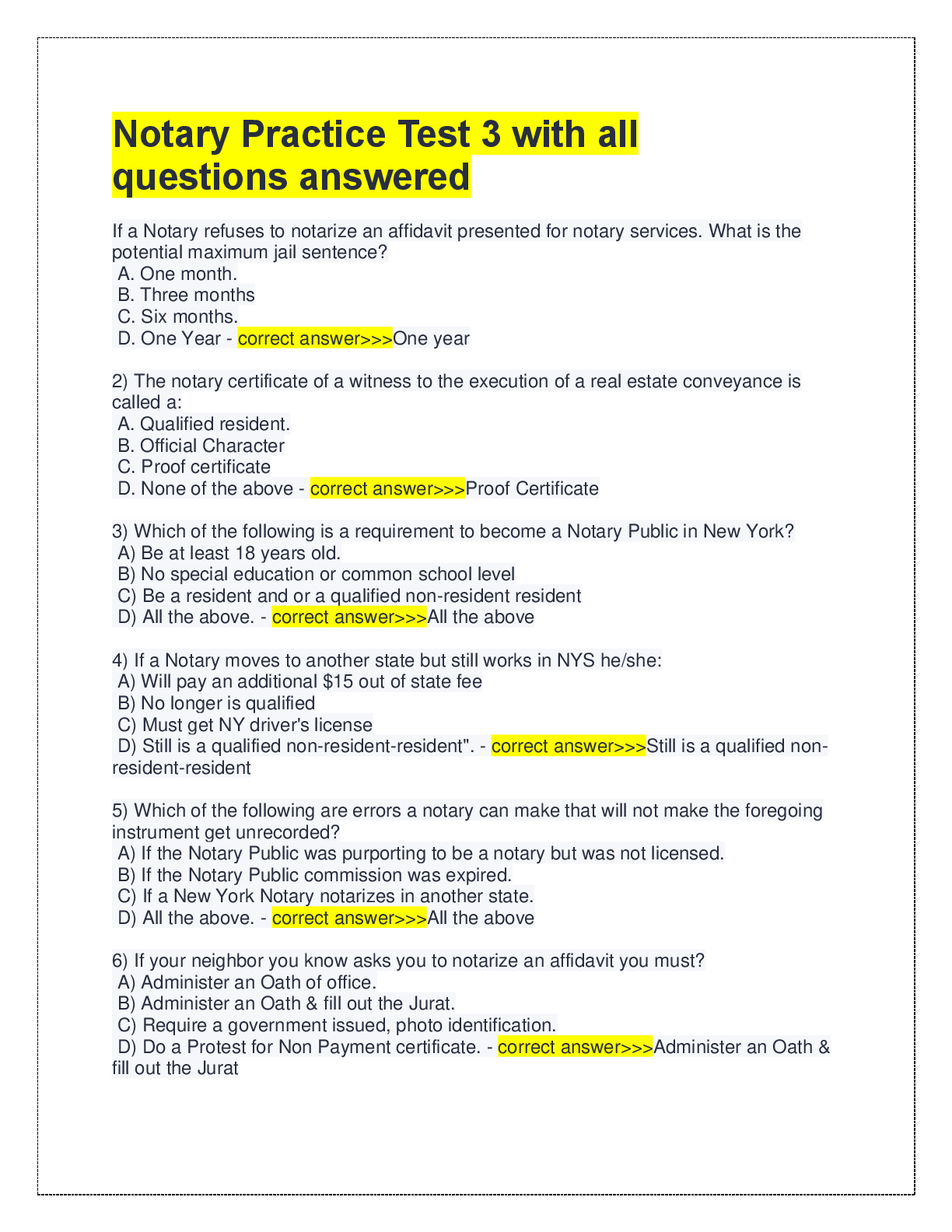 Notary Practice Test 3 with all  questions answered