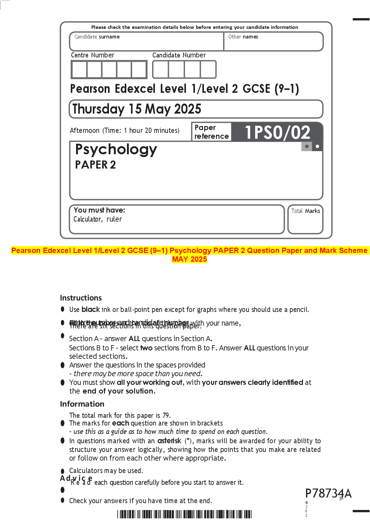 Recommended document preview for Pearson Edexcel Level 1/Level 2 GCSE (9–1) Psychology PAPER 2 Question Paper and Mark Scheme  MAY 2025