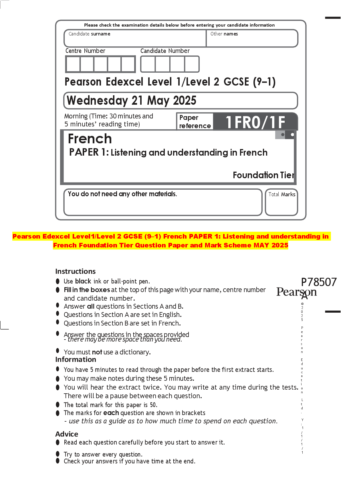 Recommended document preview for Pearson Edexcel Level1/Level 2 GCSE (9–1) French PAPER 1: Listening and understanding in  French Foundation Tier Question Paper and Mark Scheme MAY 2025