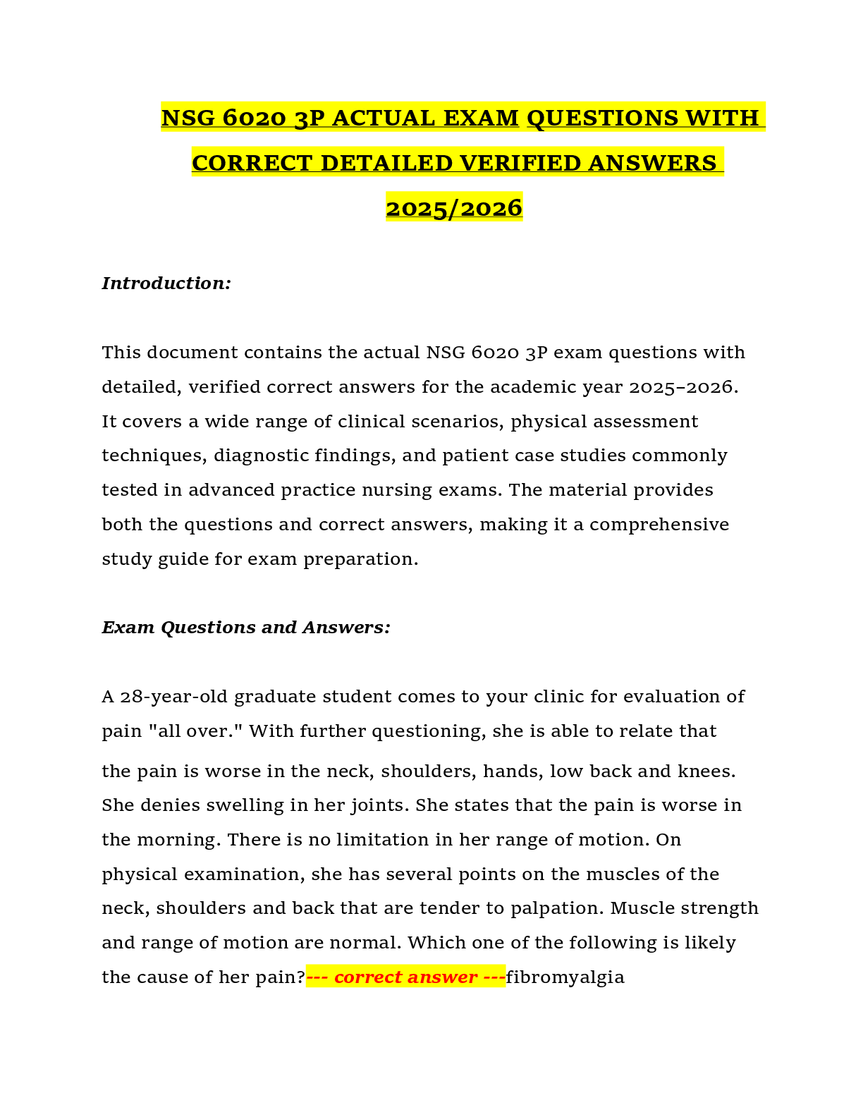 Recommended document preview for NSG 6020 3P ACTUAL EXAM QUESTIONS WITH  CORRECT DETAILED VERIFIED ANSWERS  2025/2026