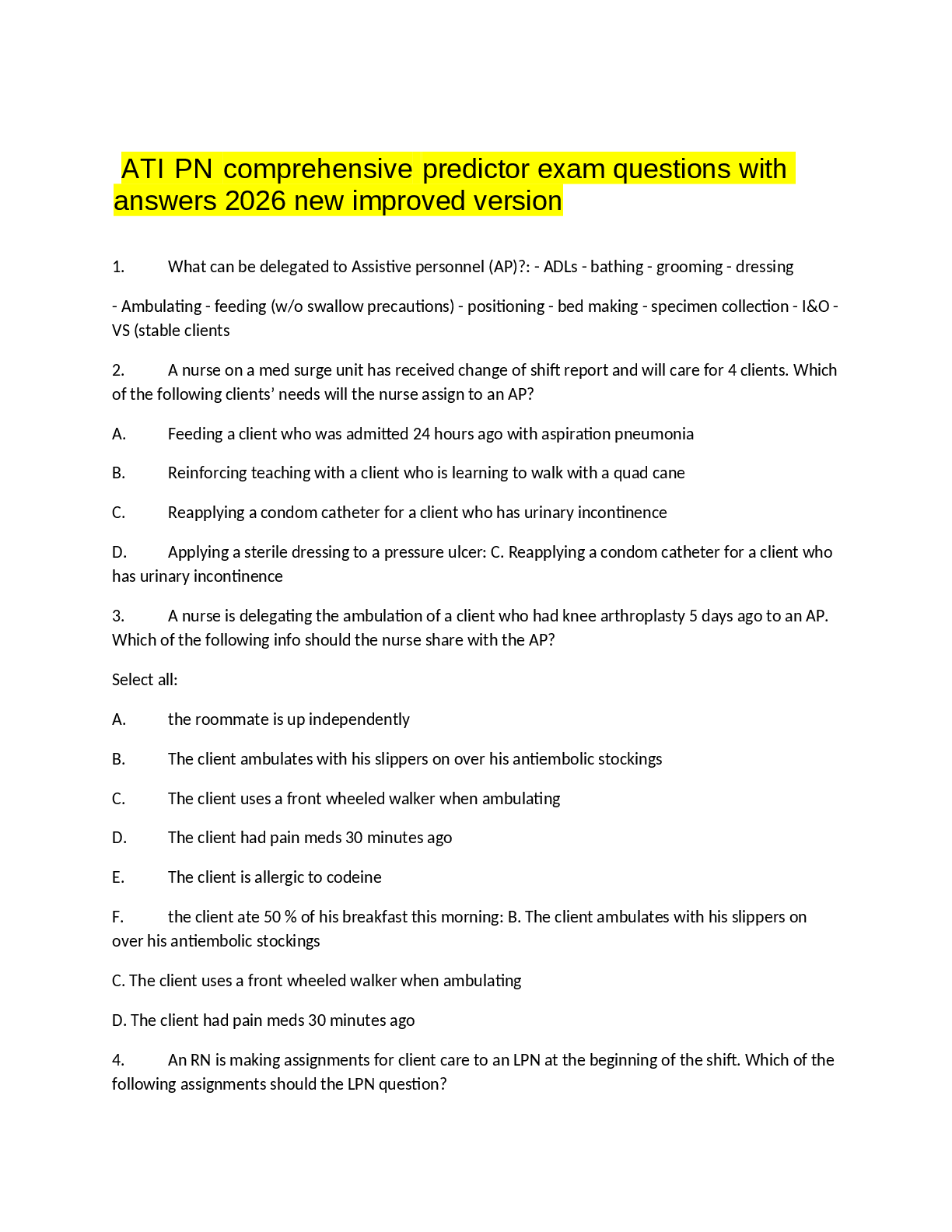 Recommended document preview for ATI  PN  comprehensive  predictor exam questions with  answers 2026 new improved version