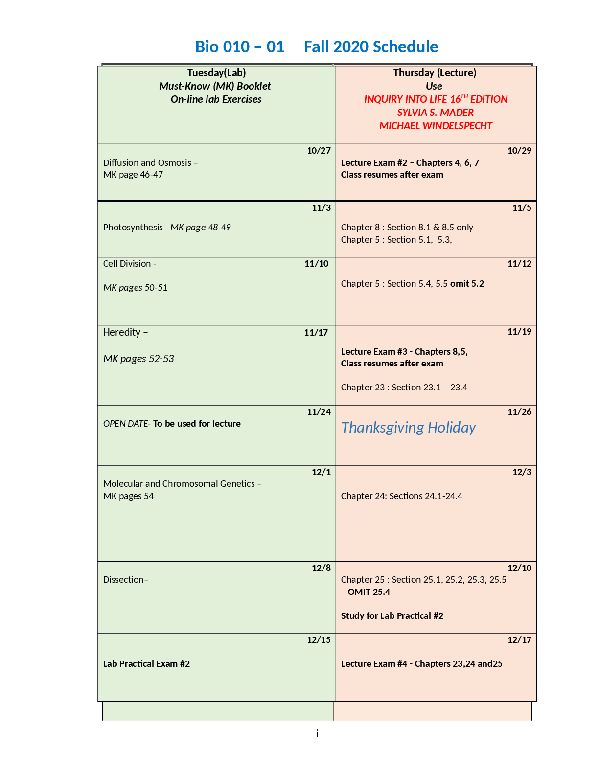 Preview of Bio 010 – 01     Fall 2020 Schedule