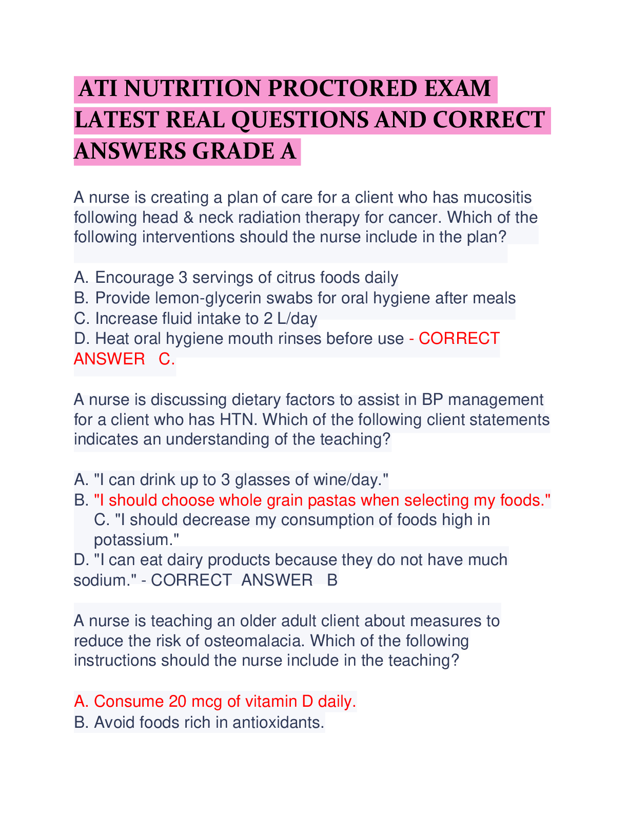ATI NUTRITION PROCTORED EXAM  LATEST REAL QUESTIONS AND CORRECT  ANSWERS GRADE A