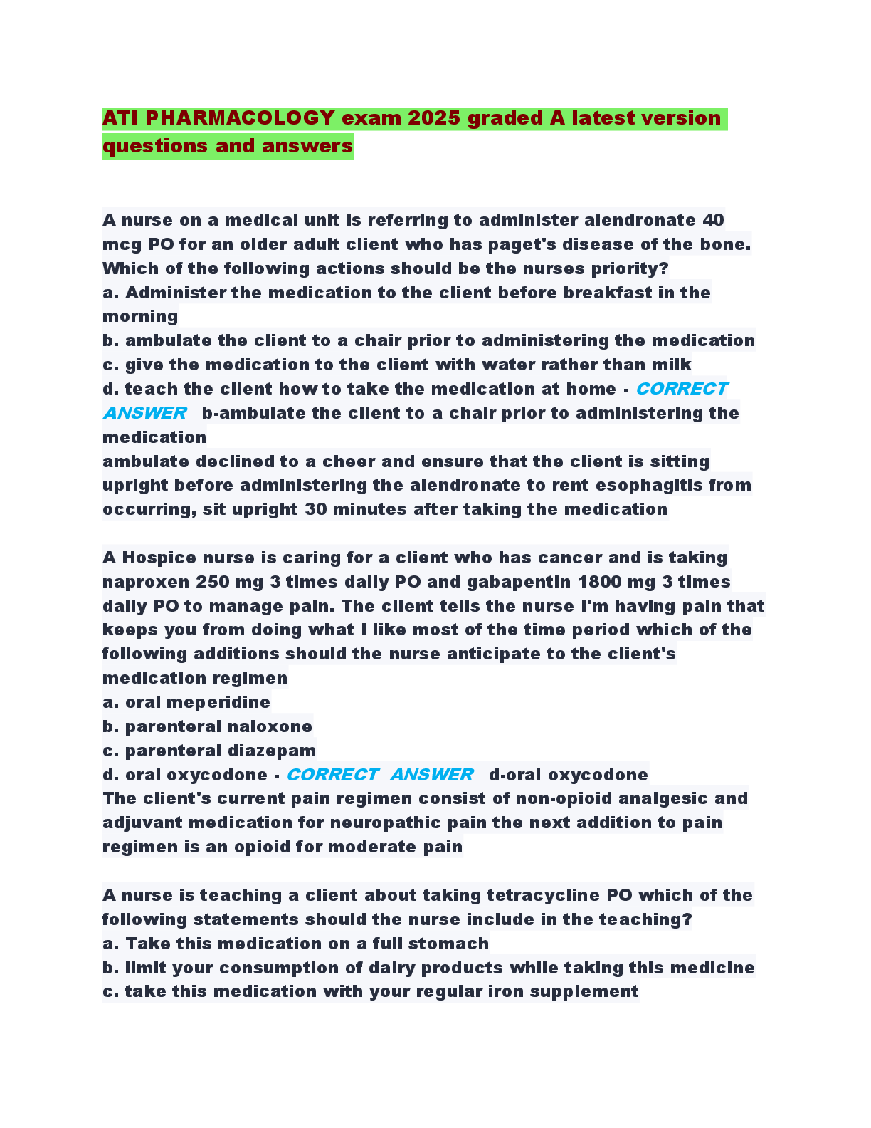 Recommended document preview for ATI PHARMACOLOGY exam 2025 graded A latest version  questions and answers