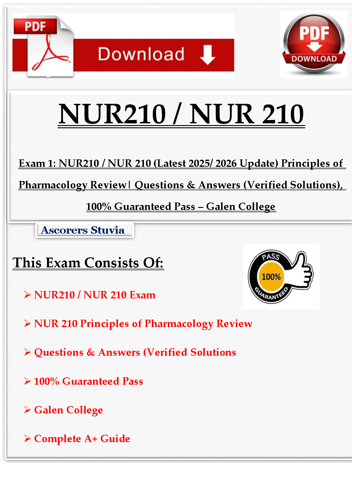 Recommended document preview for Exam 1: NUR210 / NUR 210 (Latest 2025/ 2026 Update) Principles of  Pharmacology Review| Questions & Answers (Verified Solutions),  100% Guaranteed Pass – Galen College