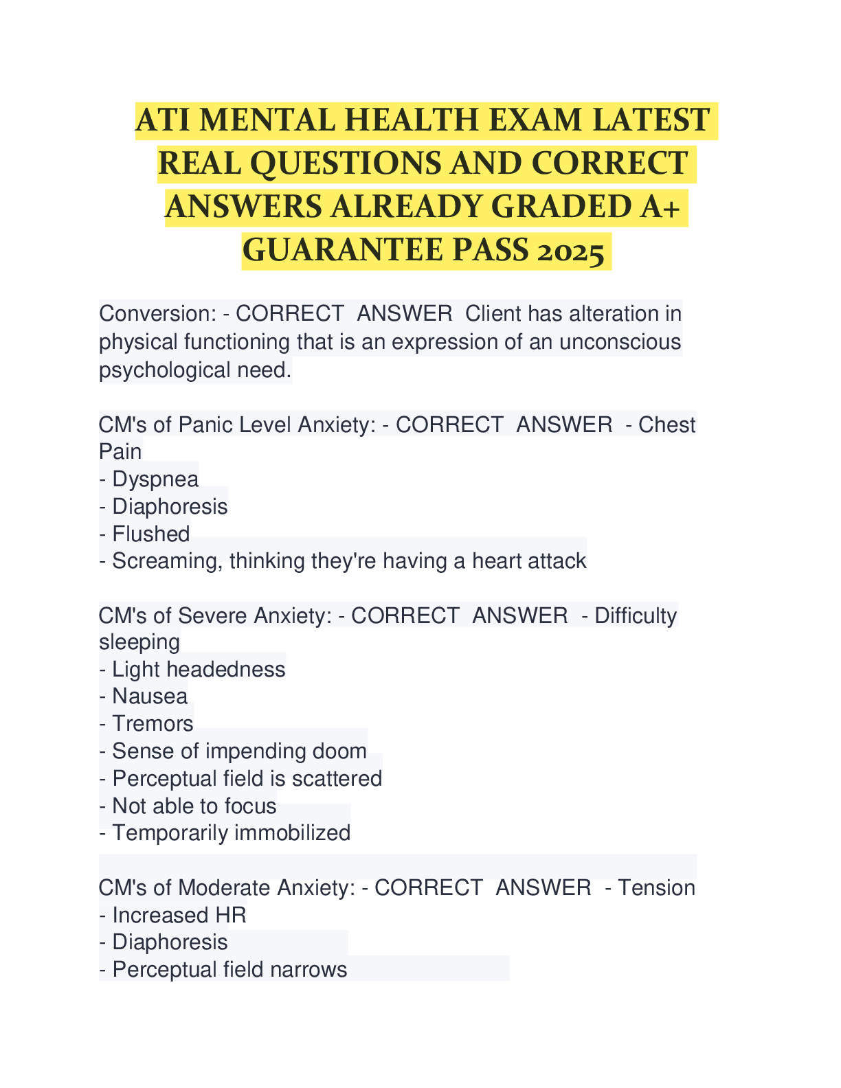 Preview of ATI MENTAL HEALTH EXAM LATEST  REAL QUESTIONS AND CORRECT  ANSWERS ALREADY GRADED A+  GUAR