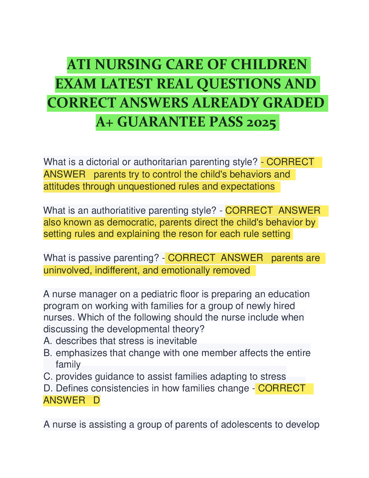 Recommended document preview for ATI NURSING CARE OF CHILDREN  EXAM LATEST REAL QUESTIONS AND  CORRECT ANSWERS ALREADY GRADED  A+ GUARANTEE PASS 2025