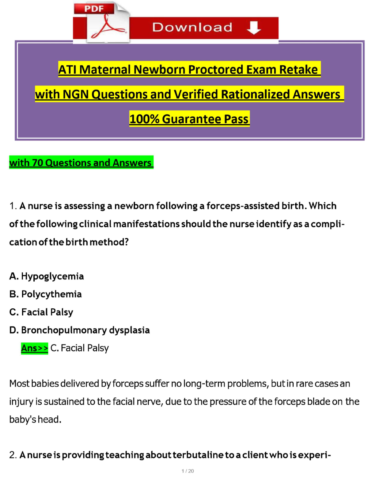 Recommended document preview for ATI Maternal Newborn Proctored Exam Retake  with NGN Qu;stions and Verified Rationalized Answers  100% Guarantee Pa:ss