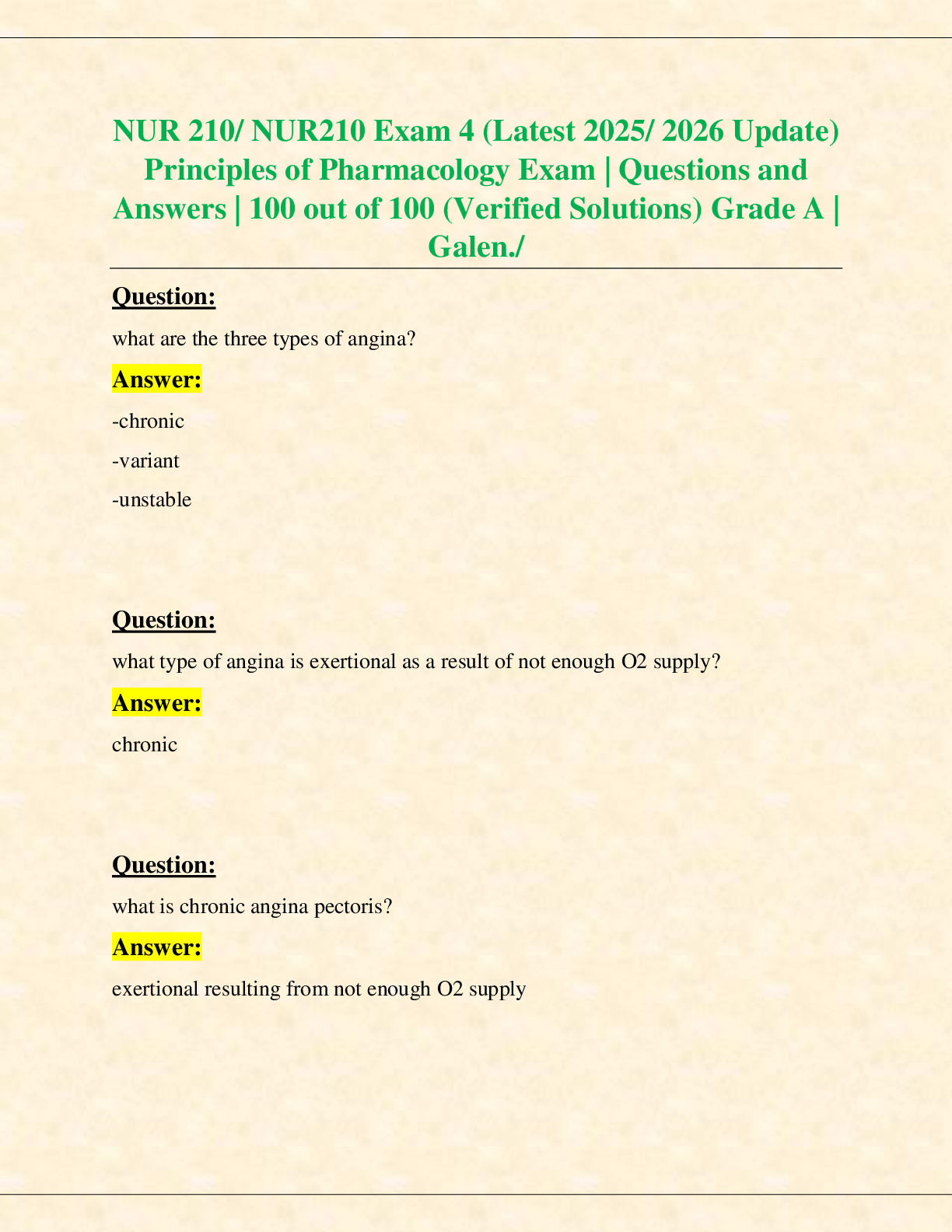 Recommended document preview for NUR 210/ NUR210 Exam 4 (Latest 2025/ 2026 Update)  Principles of Pharmacology Exam | Questions and  Answers | 100 out of 100 (Verified Solutions) Grade A |  Galen./