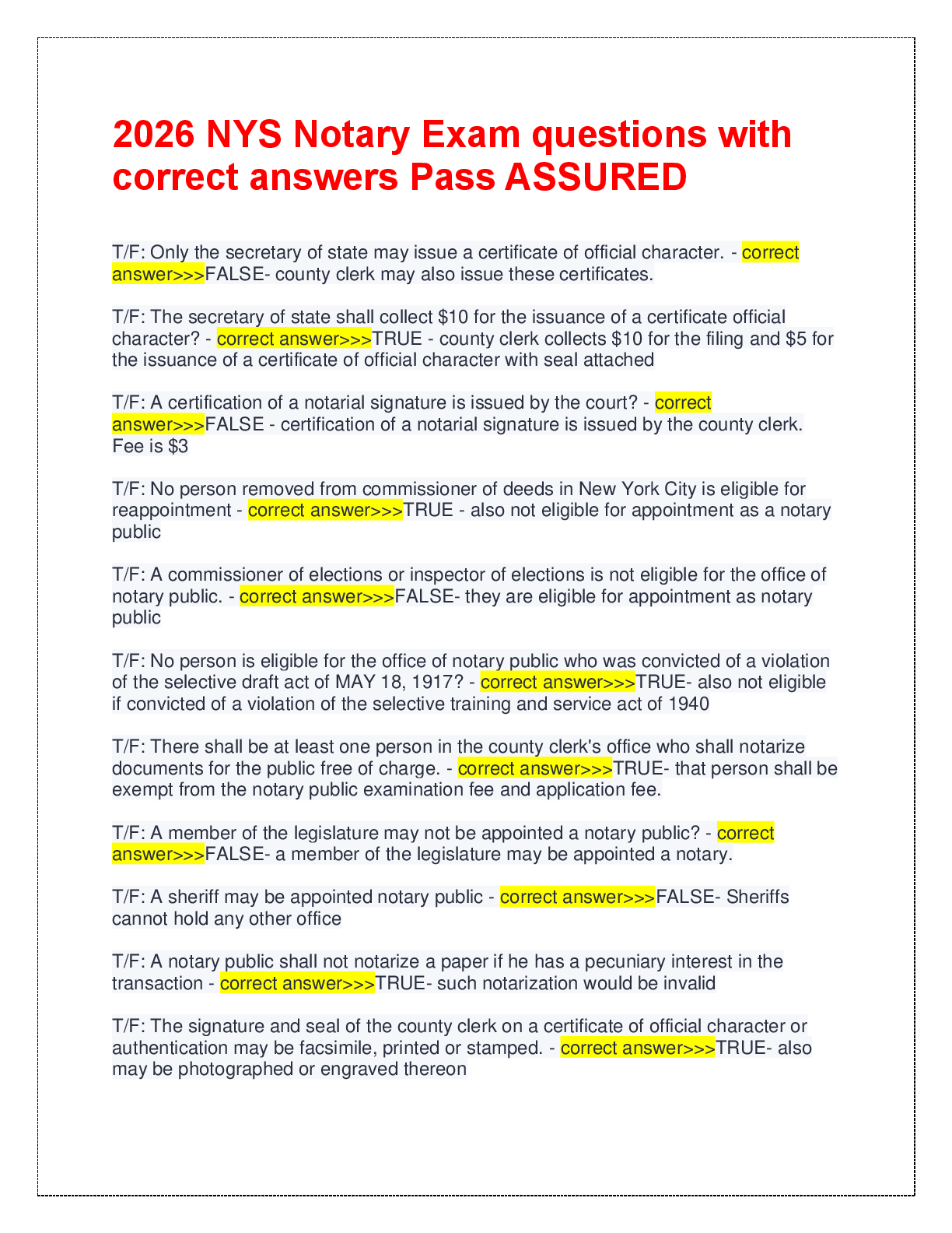 2026 NYS Notary Exam questions with  correct answers Pass ASSURED