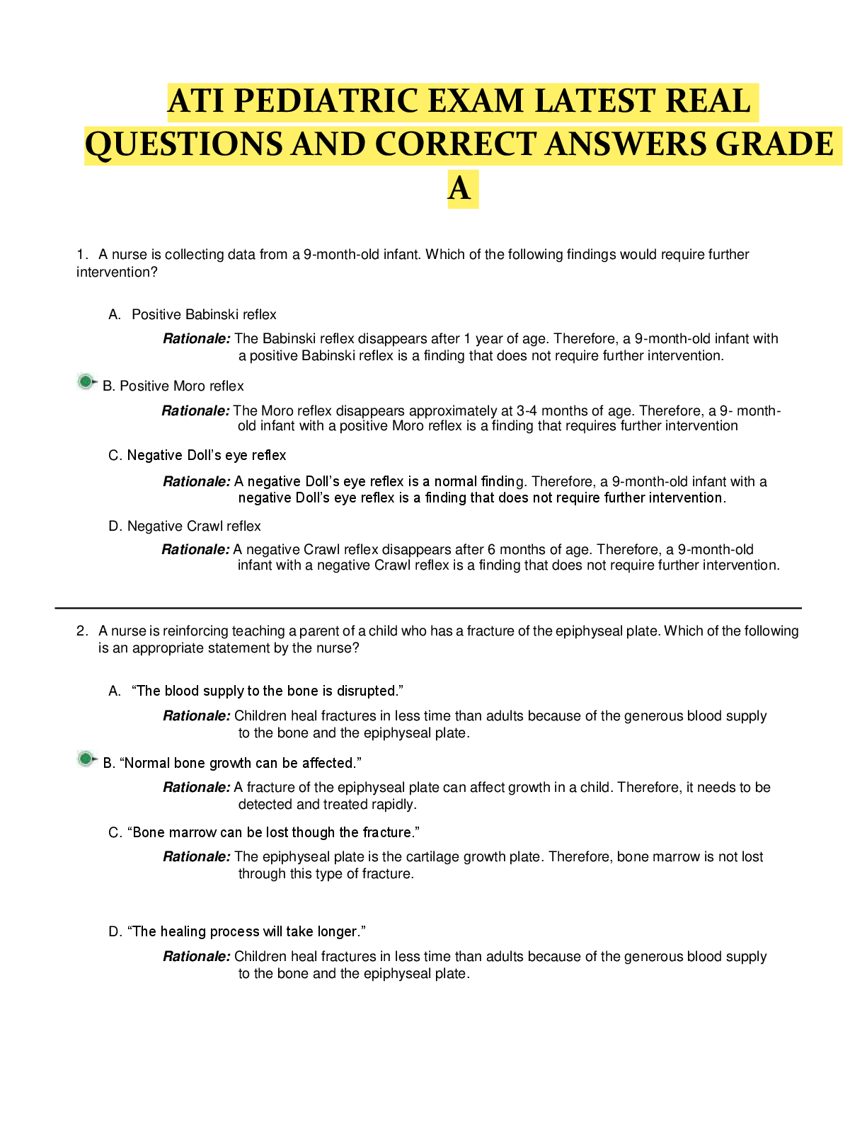 Preview of ATI PEDIATRIC EXAM LATEST REAL  QUESTIONS AND CORRECT ANSWERS GRADE  A