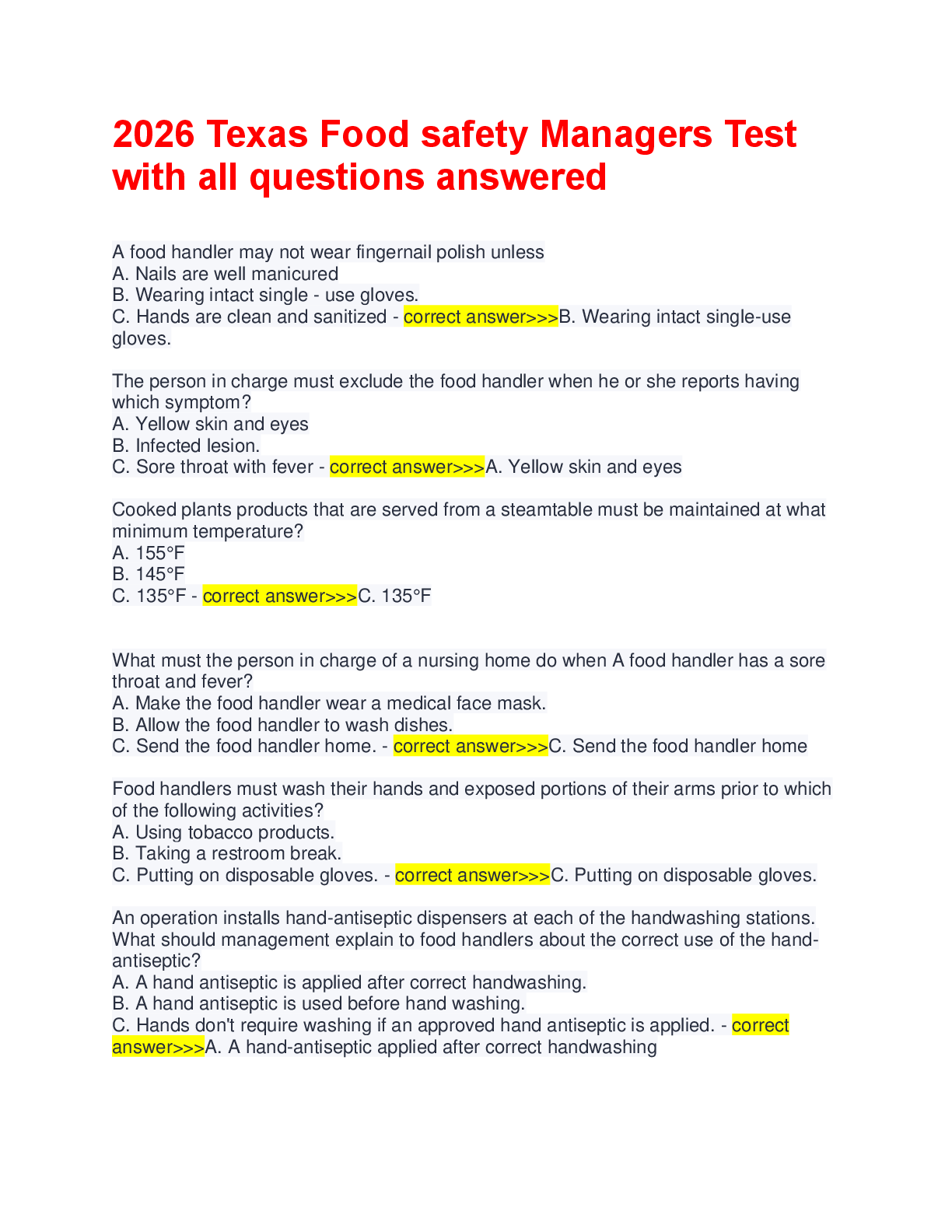 Preview of 2026 Texas Food safety Managers Test  with all questions answered