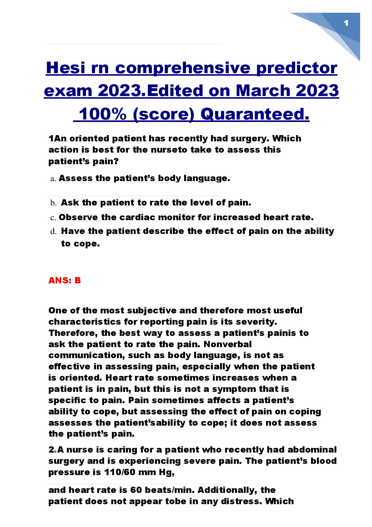 Recommended document preview for Hesi rn comprehensive predictor  exam 2023.Edited on March 2023  100% (score) Quaranteed.