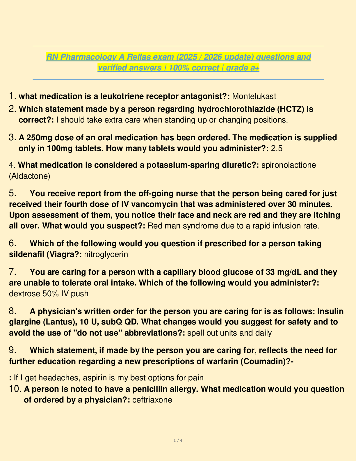 Preview of RN Pharmacology A Relias exam (2025 / 2026 update) questions and  verified answers | 100%
