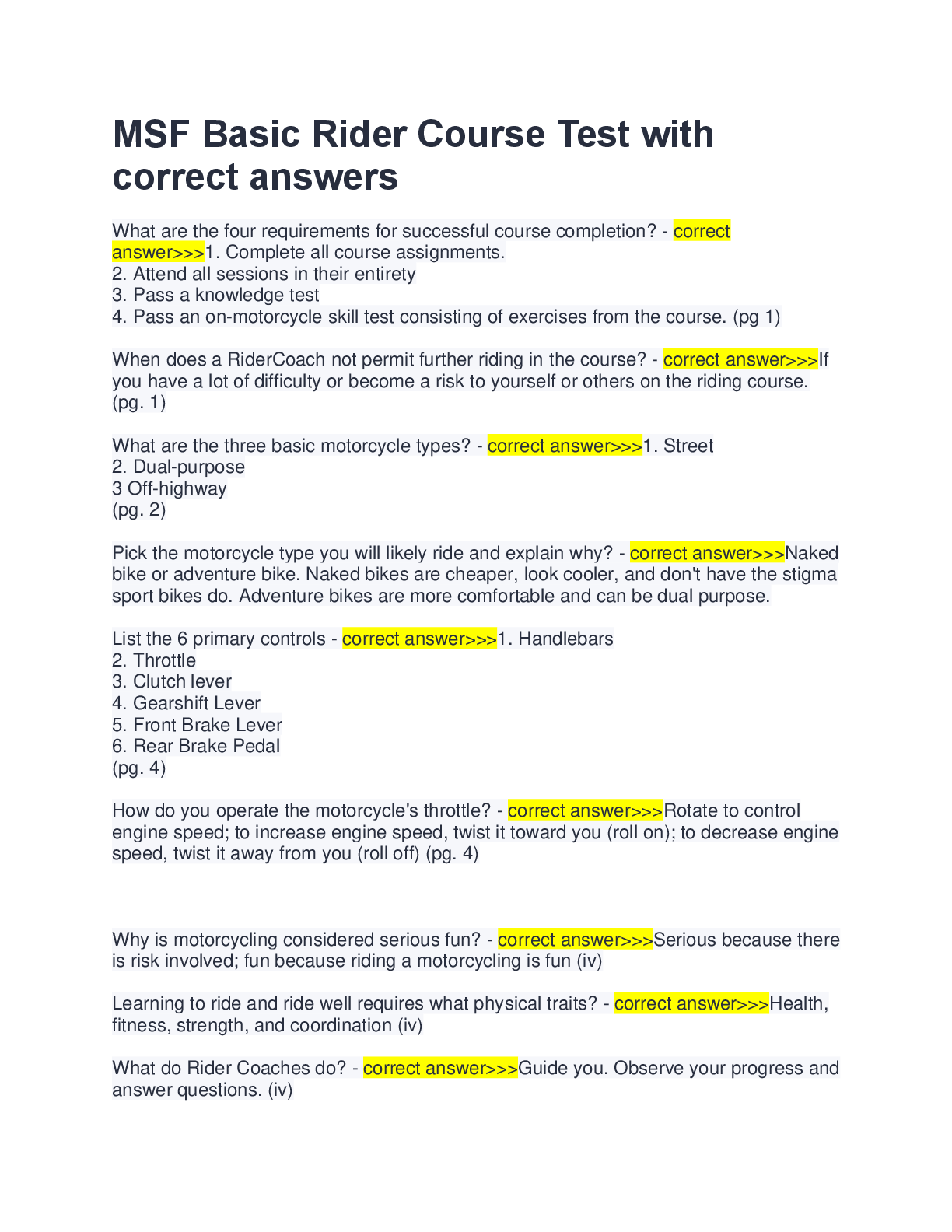Recommended document preview for MSF Basic Rider Course Test with  correct answers