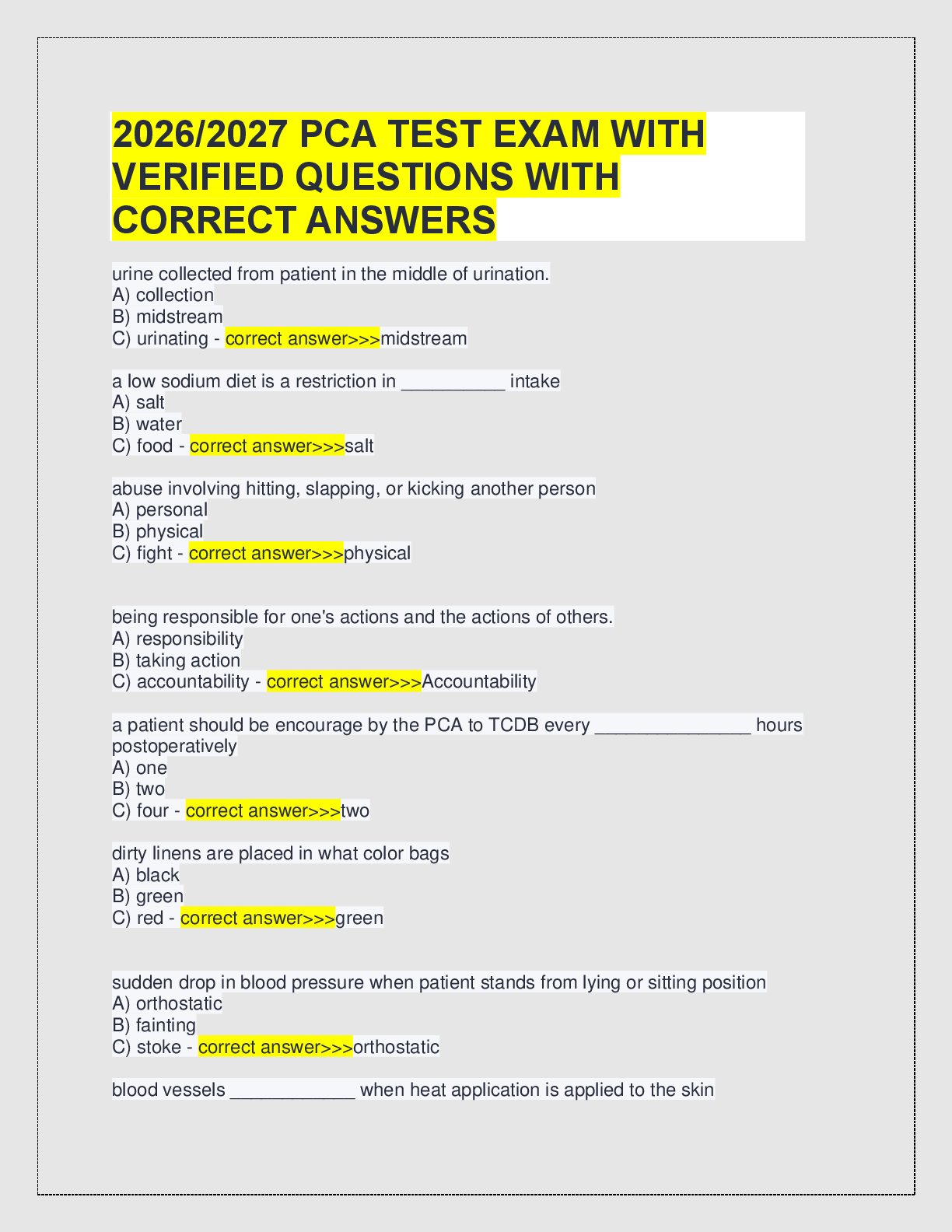 Preview of 2026/2027 PCA TEST EXAM WITH  VERIFIED QUESTIONS WITH  CORRECT ANSWERS