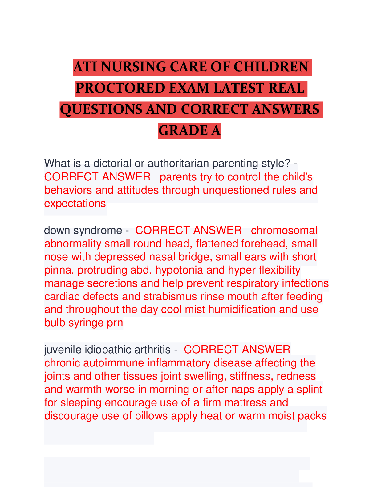 Recommended document preview for ATI NURSING CARE OF CHILDREN  PROCTORED EXAM LATEST REAL  QUESTIONS AND CORRECT ANSWERS  GRADE A