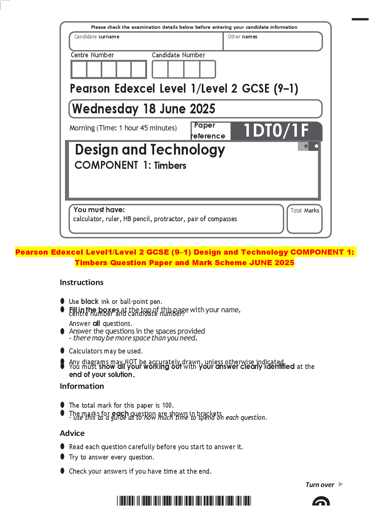 Recommended document preview for Pearson Edexcel Level1/Level 2 GCSE (9–1) Design and Technology COMPONENT 1:  Timbers Question Paper and Mark Scheme JUNE 2025
