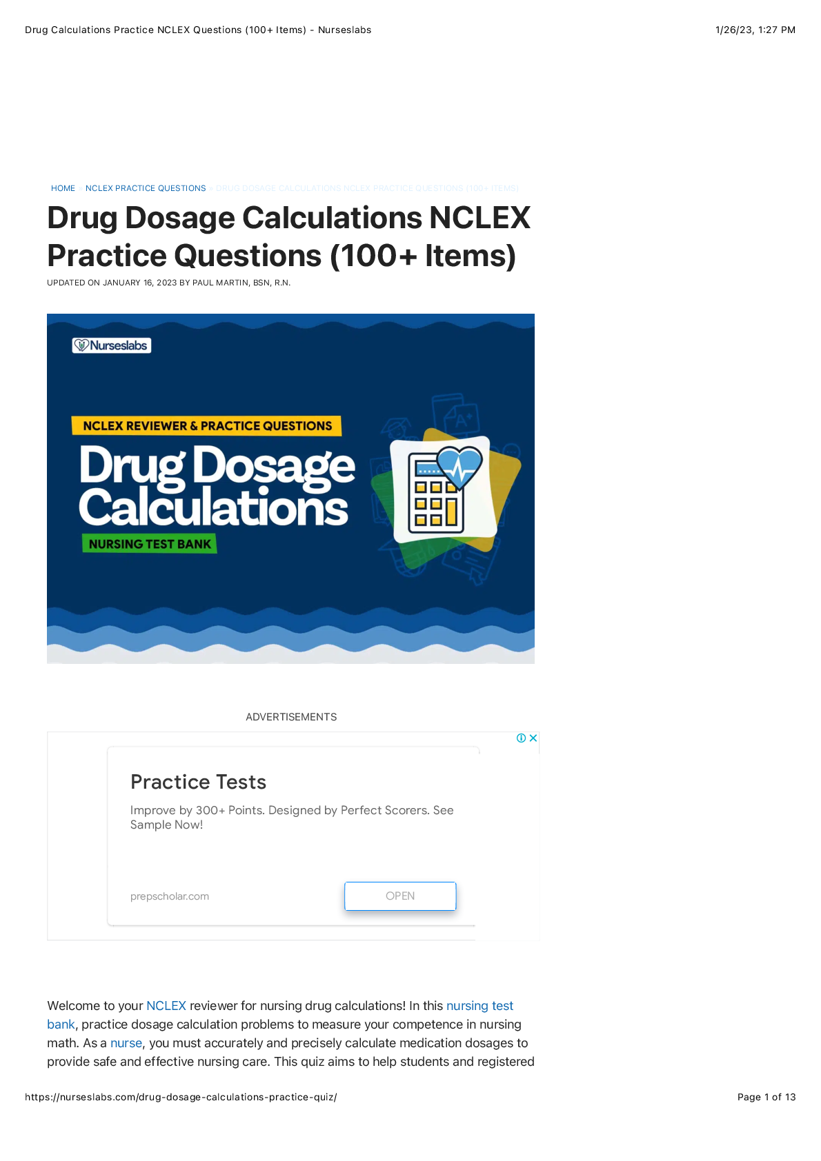 Recommended document preview for Drug Dosage Calculations NCLEX Practice Questions (100+ Items)