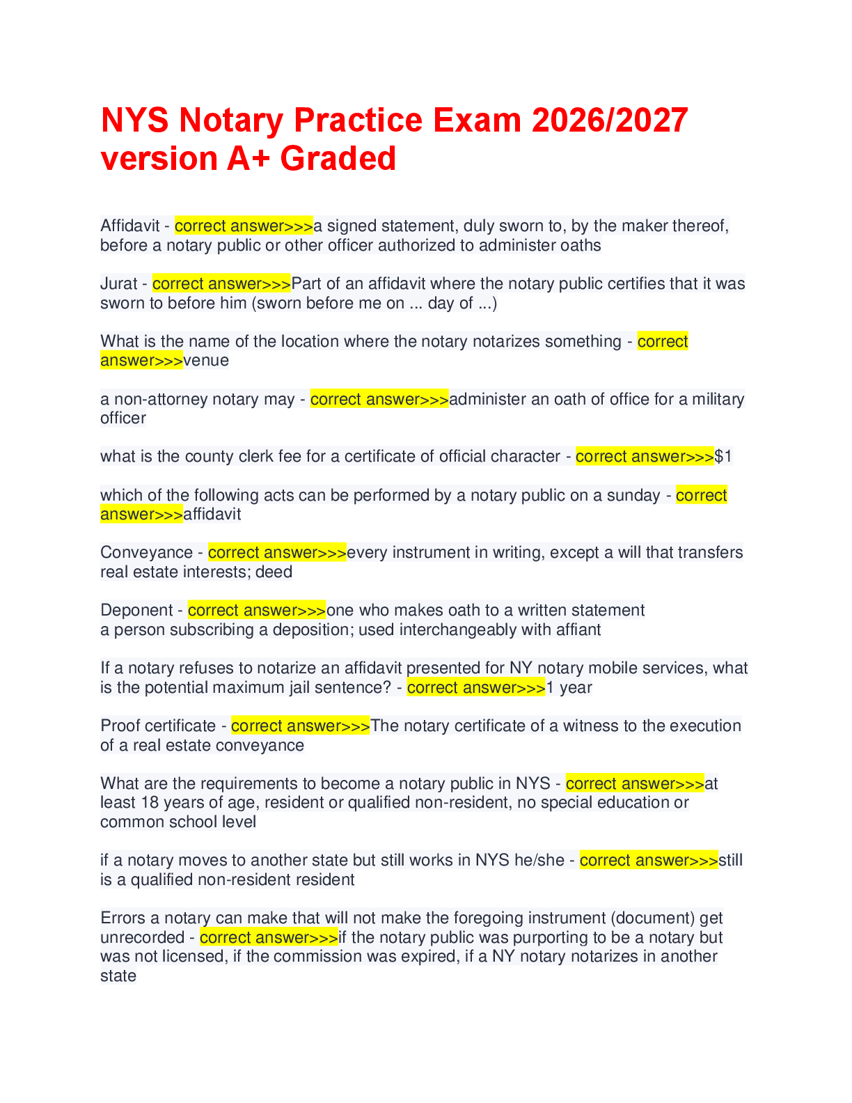 Preview image for NYS Notary Practice Exam 2026/2027  version A+ Graded