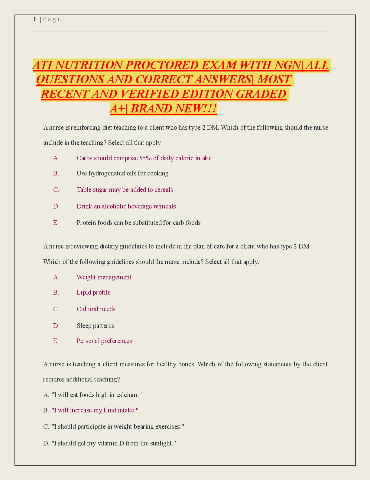 Recommended document preview for ATI NUTRITION PROCTORED EXAM WITH NGN| ALL  QUESTIONS AND CORRECT ANSWERS| MOST  RECENT AND VERIFIED EDITION GRADED  A+| BRAND NEW!!!