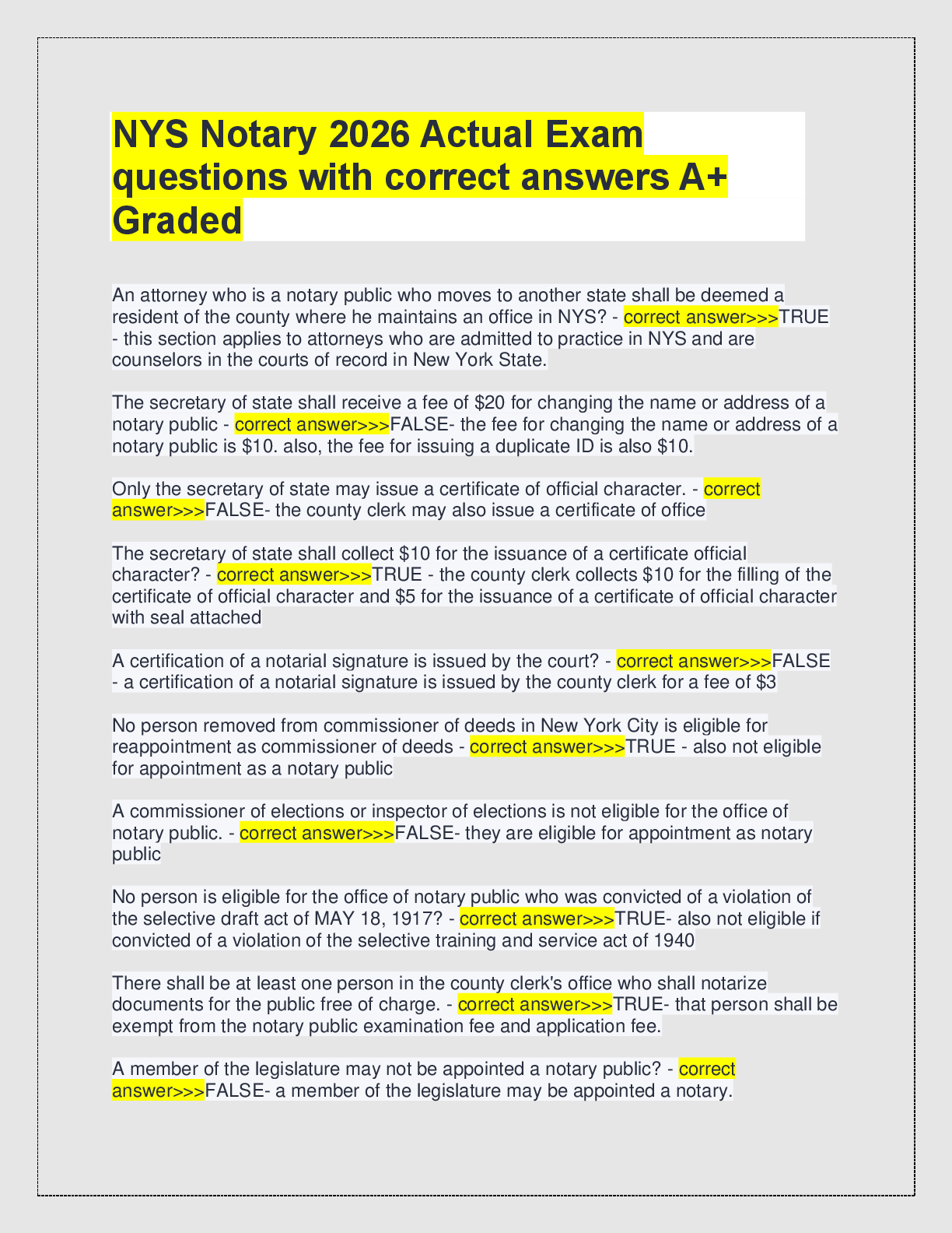 Preview image for NYS Notary 2026 Actual Exam  questions with correct answers A+  Graded