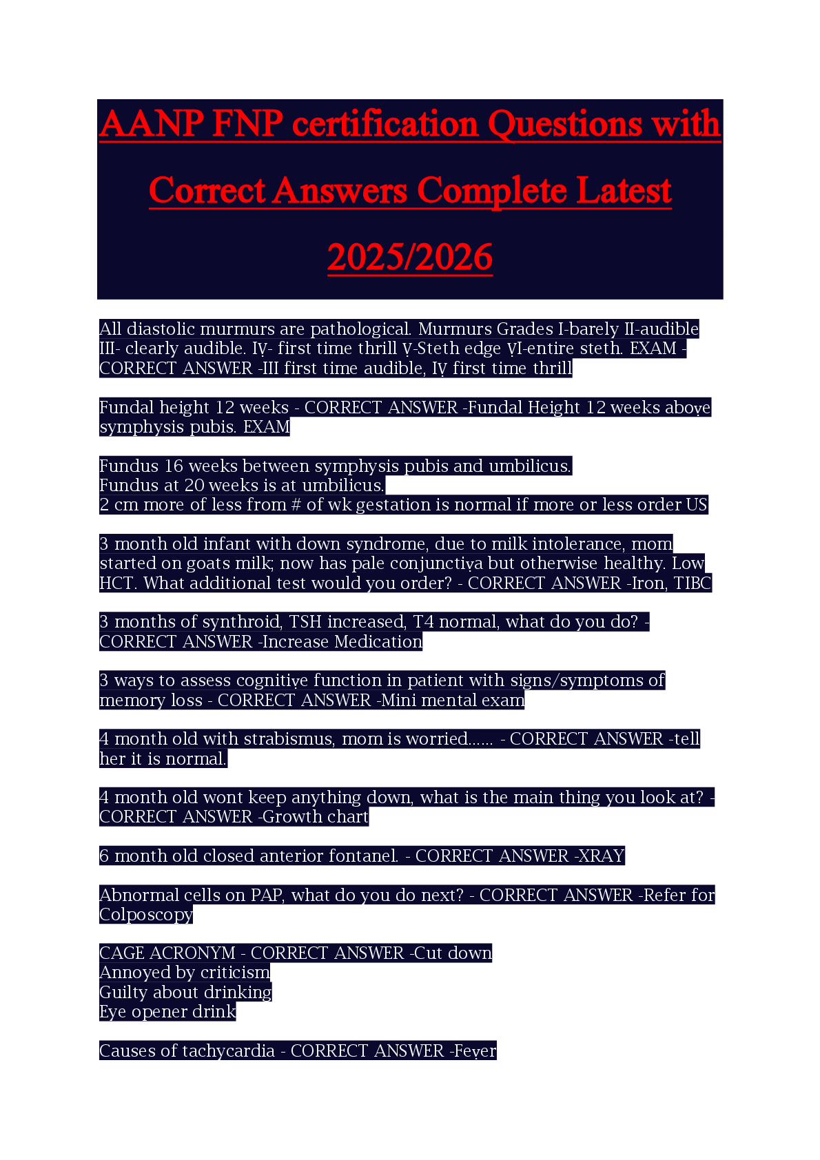 Recommended document preview for AANP FNP certification Questions with  Correct Answers Complete Latest  2025/2026