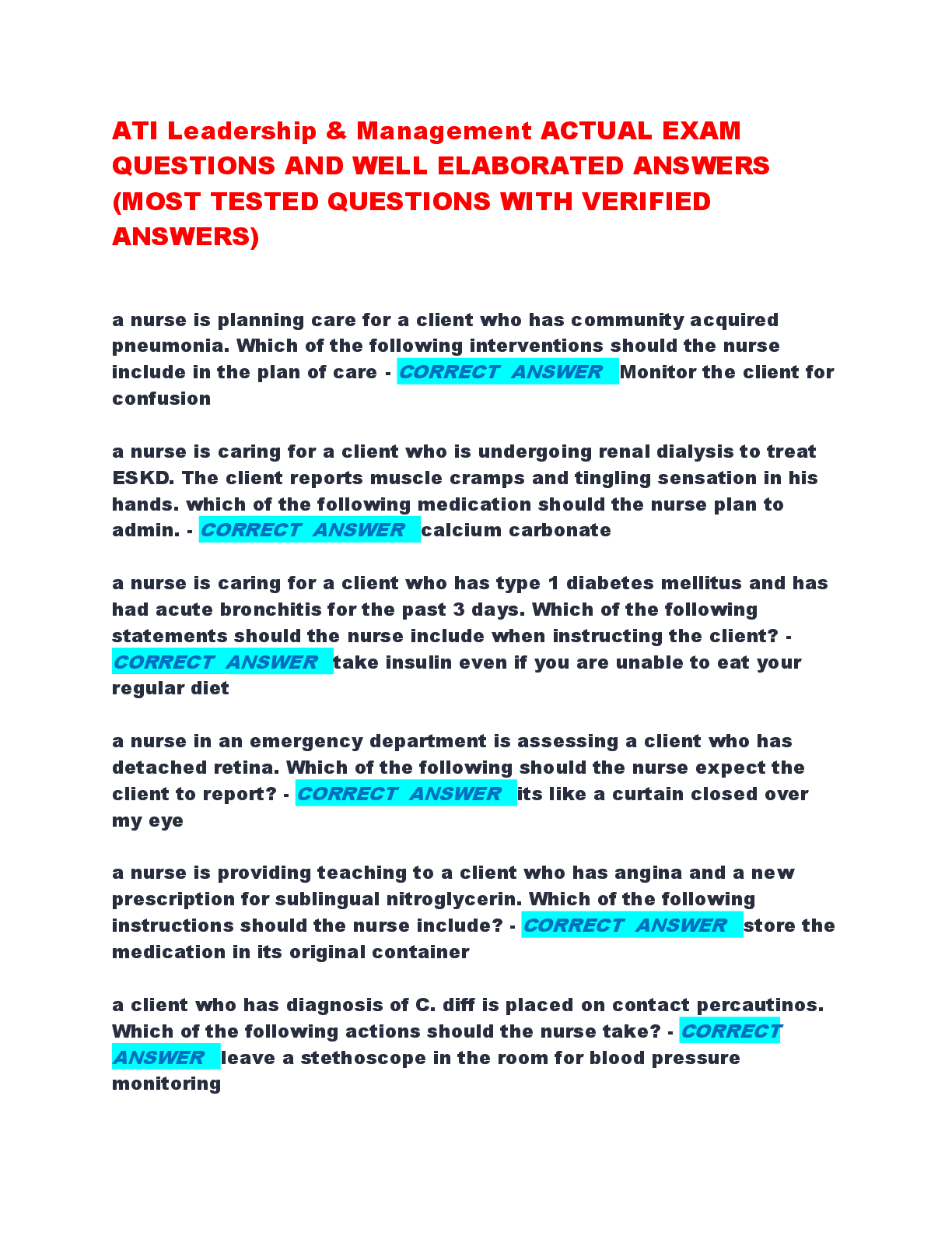 Preview of ATI Leadership &amp; Management ACTUAL EXAM  QUESTIONS AND WELL ELABORATED ANSWERS  (MOST TESTED QUESTIONS WITH VERIFIED  ANSWERS)