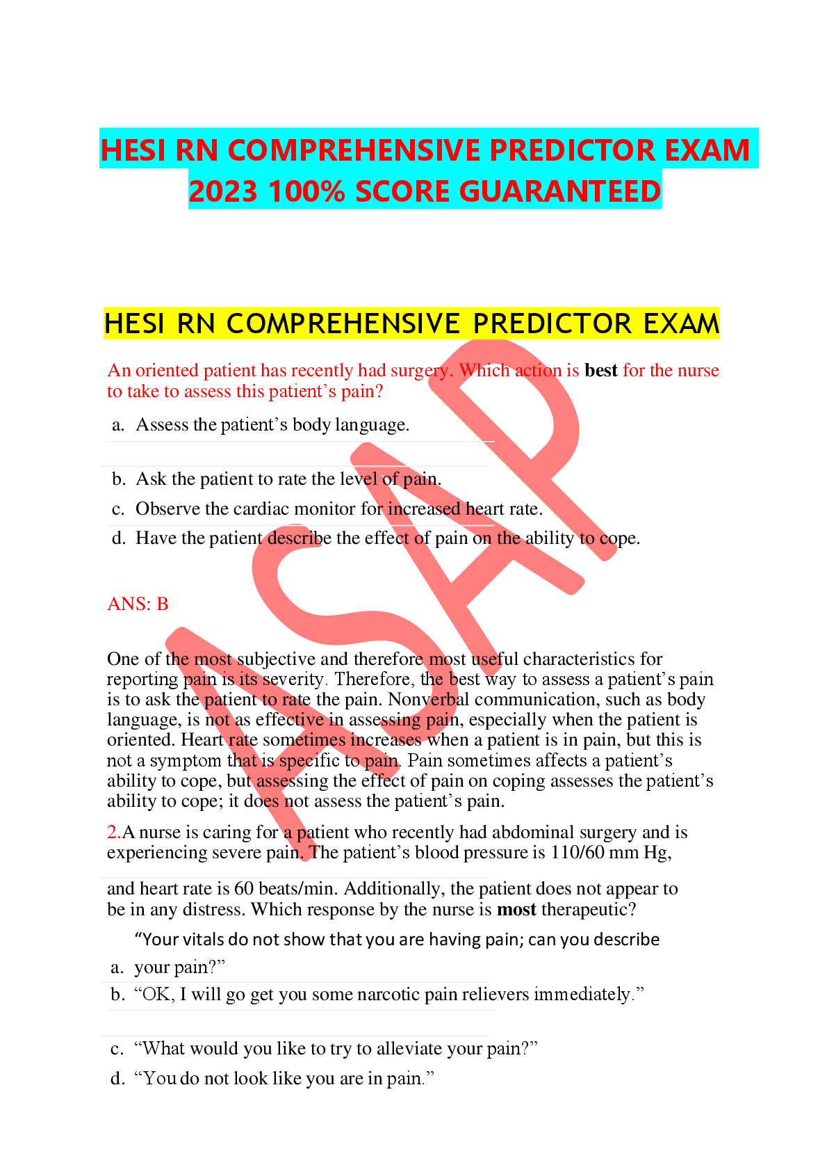 Recommended document preview for HESI RN COMPREHENSIVE PREDICTOR EXAM  2023 100% SCORE GUARANTEED