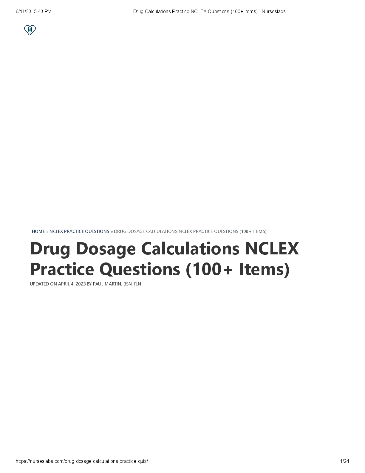 Recommended document preview for Drug Calculations Practice NCLEX Questions (100+ Items) - Nurseslabs