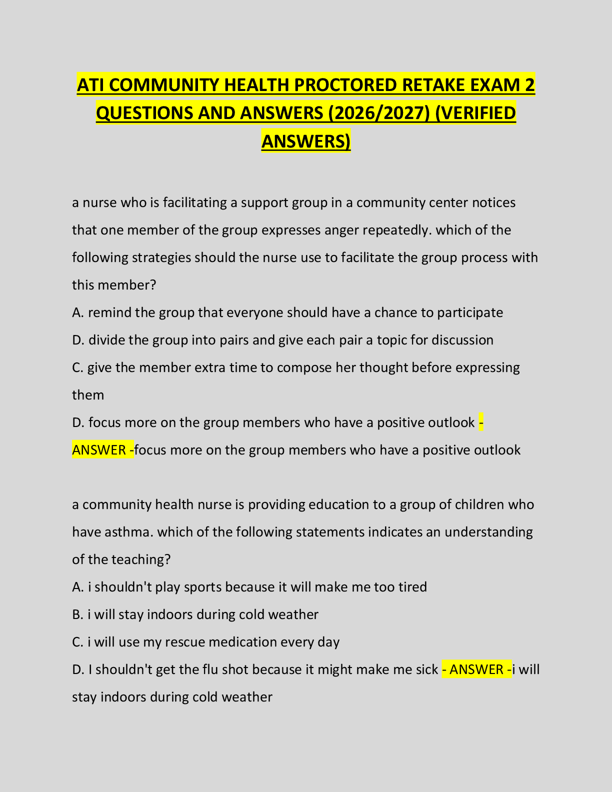 Recommended document preview for ATI COMMUNITY HEALTH PROCTORED RETAKE EXAM 2  QUESTIONS AND ANSWERS (2026/2027) (VERIFIED  ANSWERS)